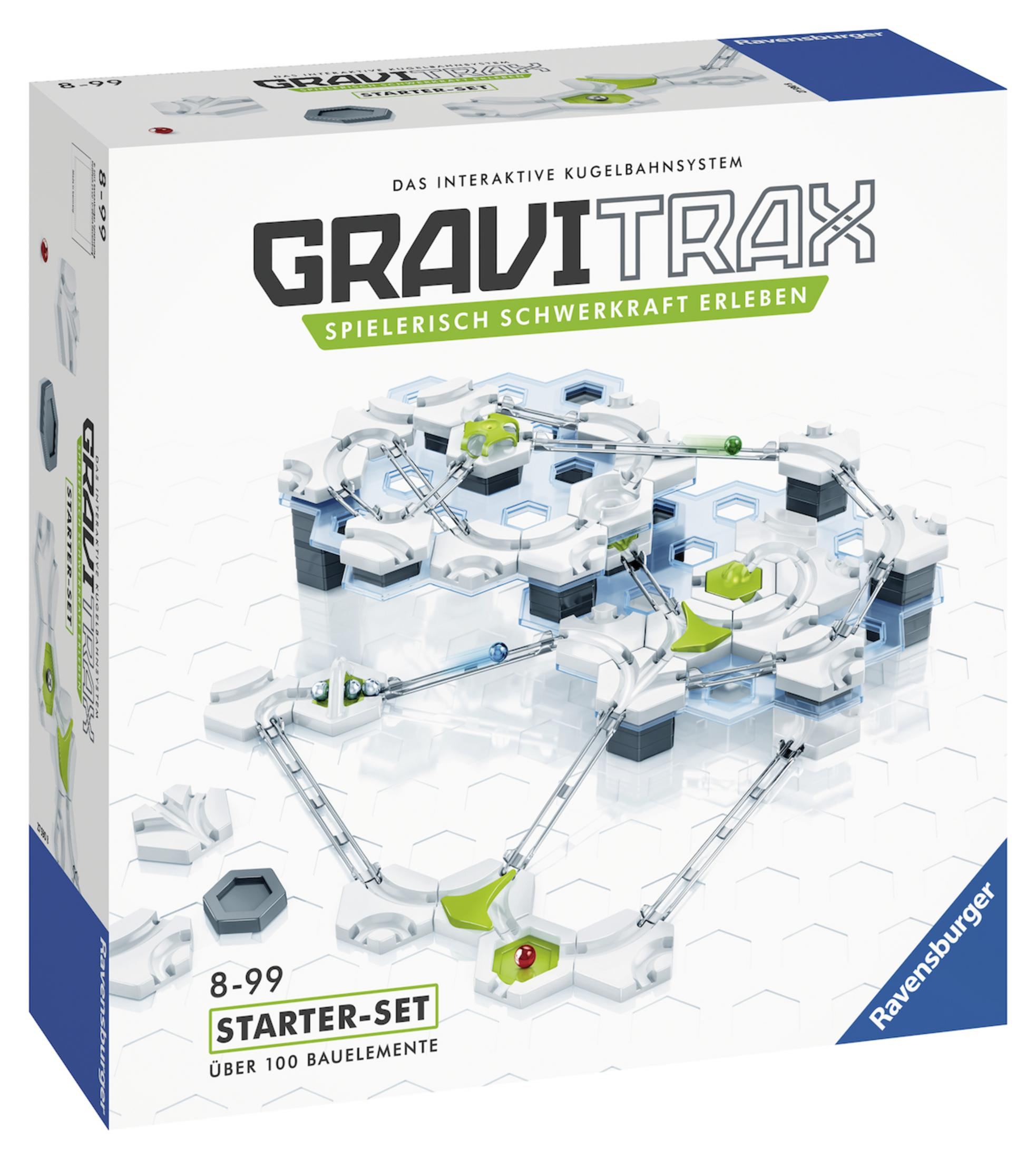 Box mit GraviTrax Starter Set mit einer Murmelbahn auf weißem Hintergrund.