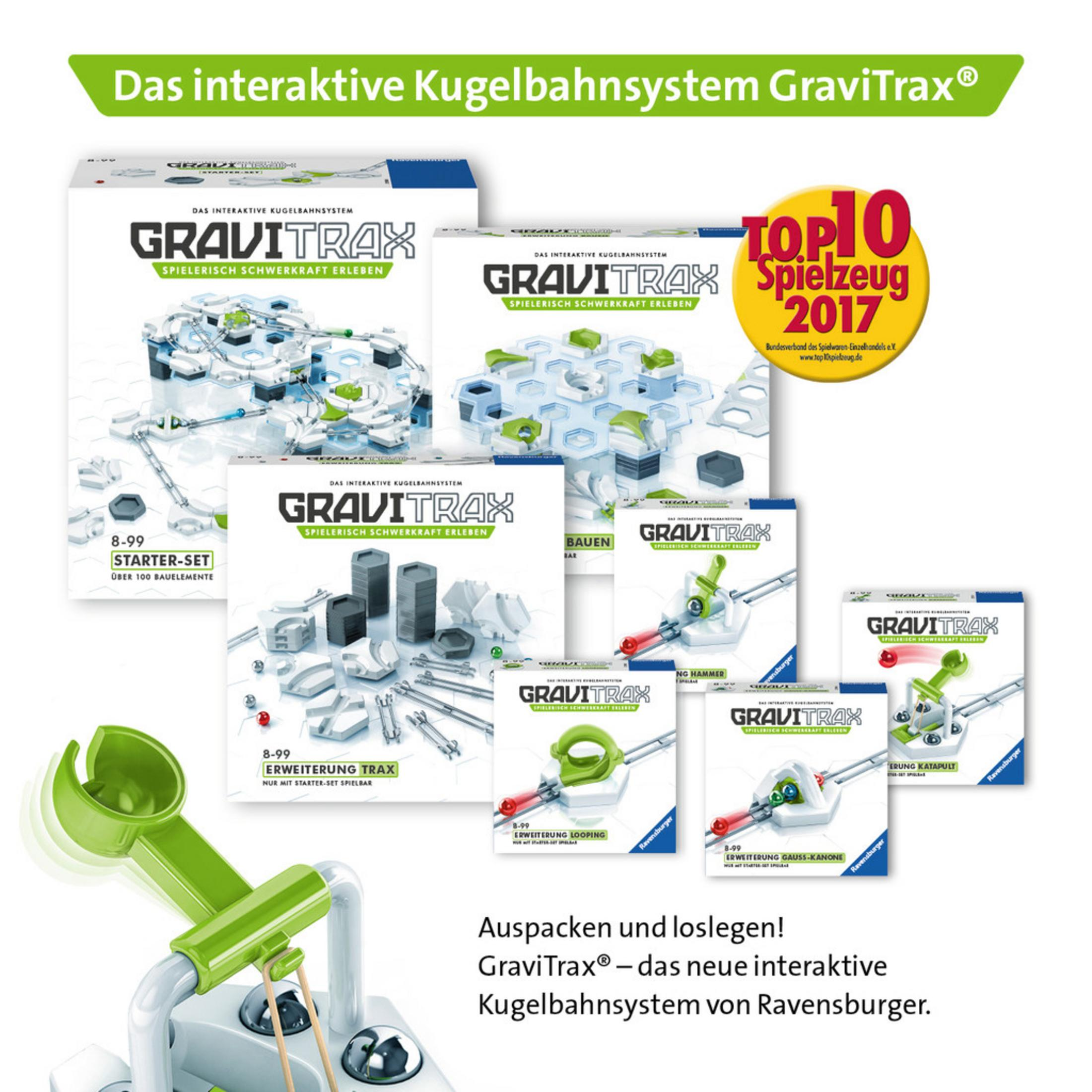 Kartons des GraviTrax-Kugelbahnsystems, mit Streckenelementen und einem grünen Werfer, der das interaktive System zeigt.