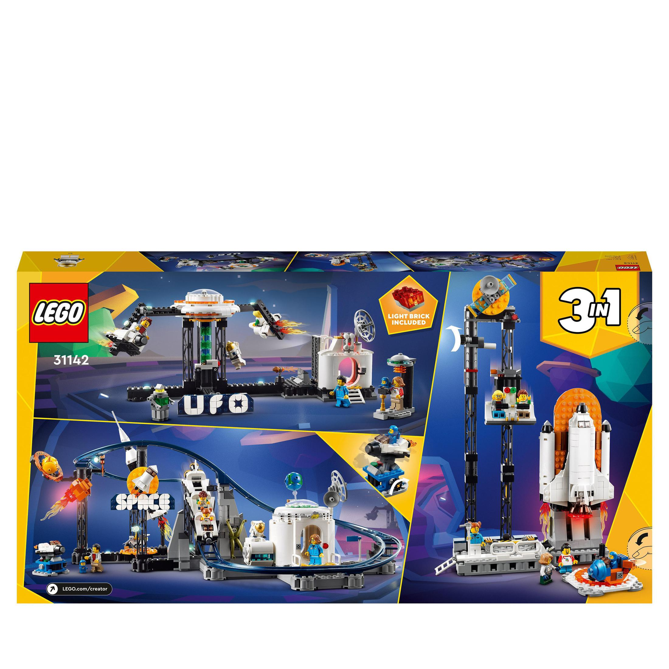 Talimatlar ve figürlerle bir uzay istasyonu ve roket seti gösteren Lego kutusu.