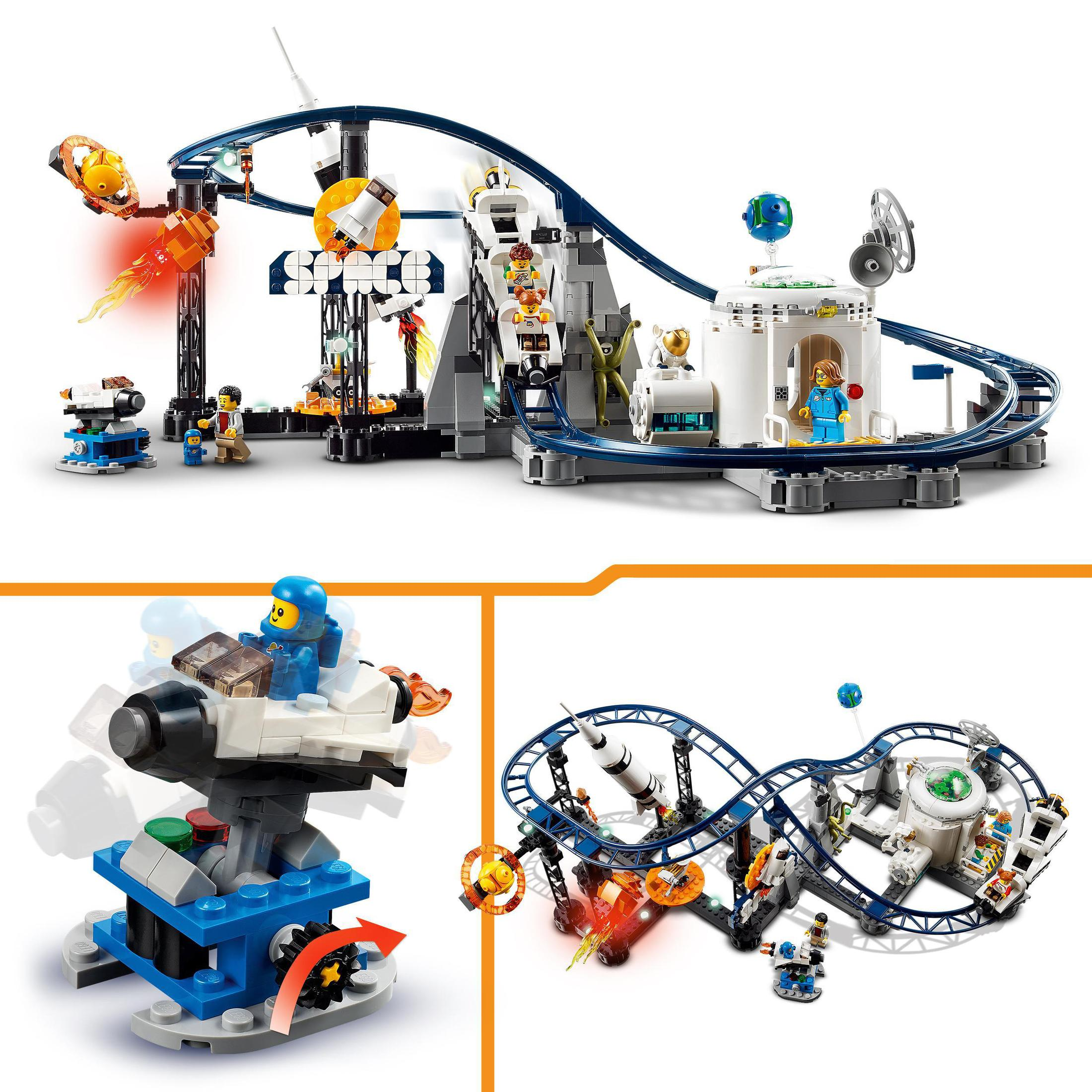 Figürler ve roket fırlatması ile uzay temalı bir dönme dolap Lego seti.