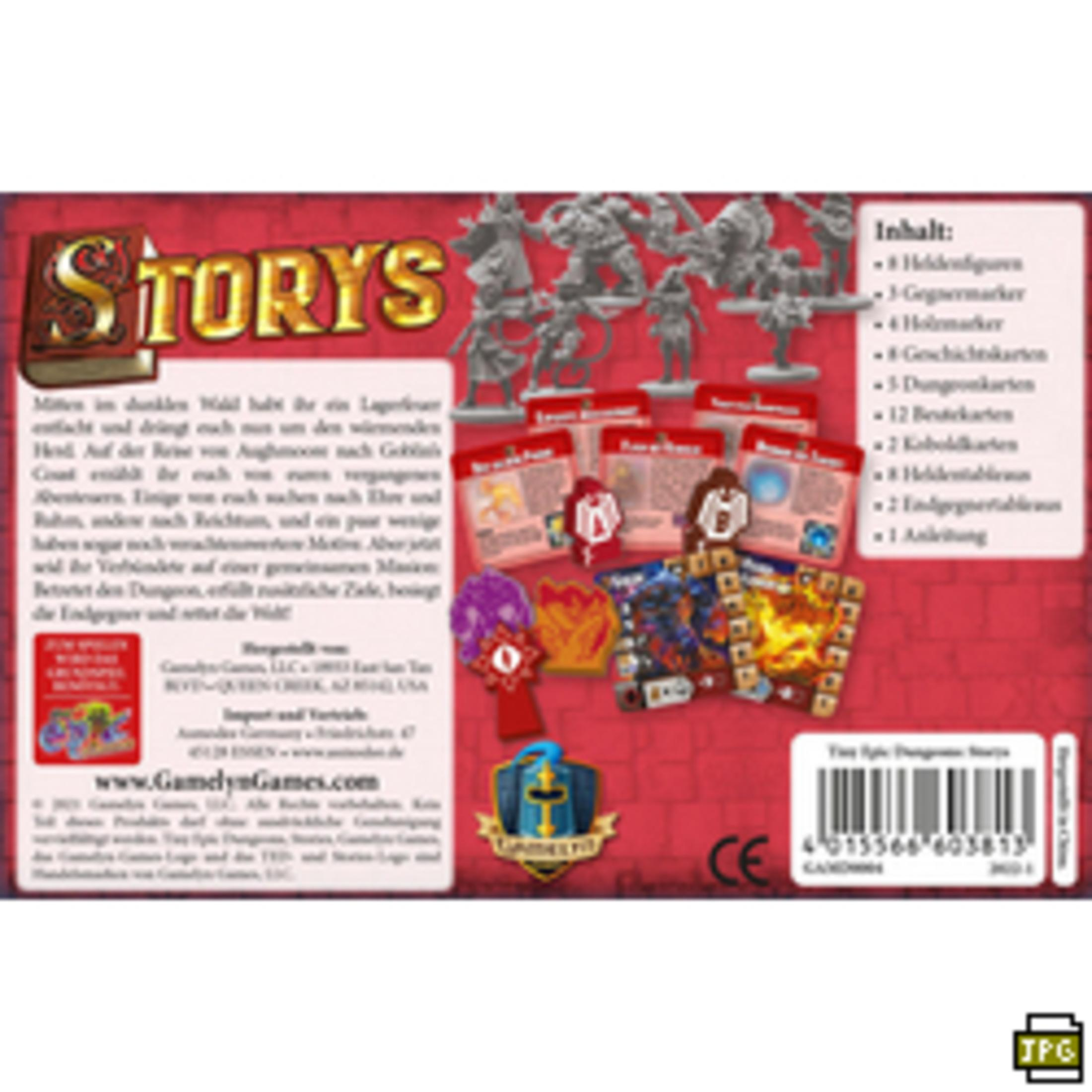 Box-Art für das Brettspiel Storys, das Fantasy-Kreaturen und verschiedene Spielkomponenten zeigt.