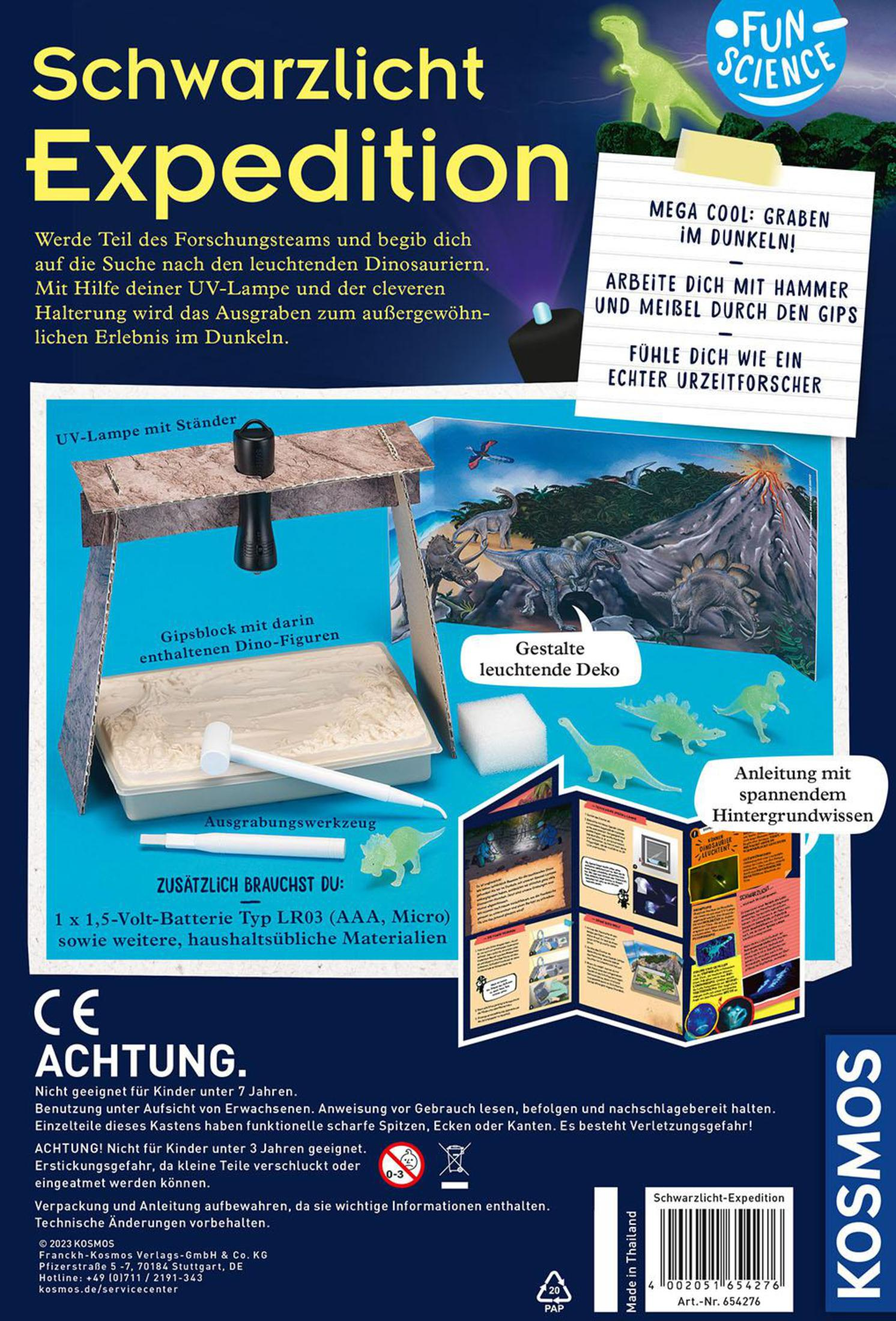Rückseite eines Dinosaurier-Ausgrabungs-Kits mit Text und Illustrationen.