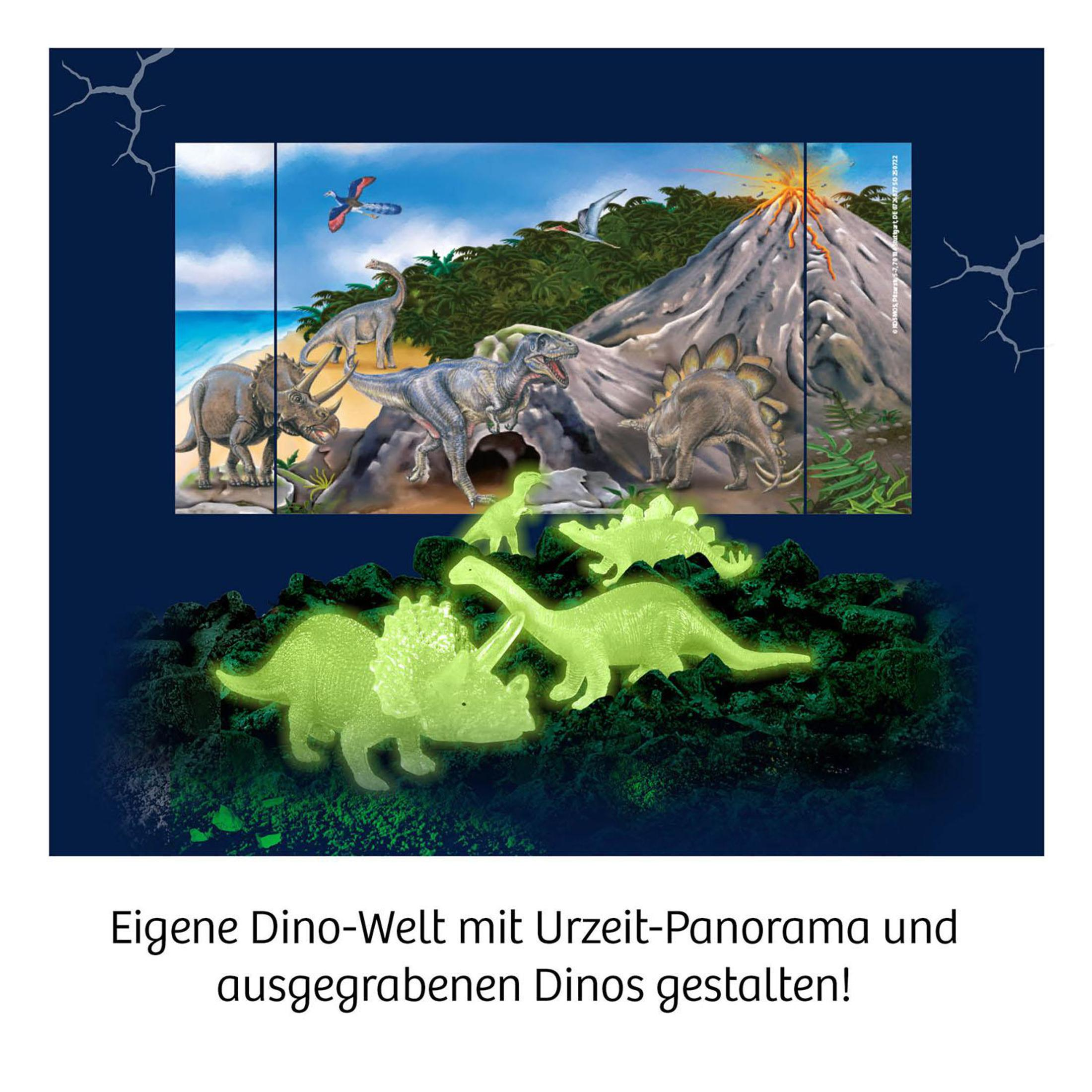 Dinosaurierszene mit verschiedenen Dinosauriern und einem Vulkan. Einige Dinosaurier leuchten grün.
