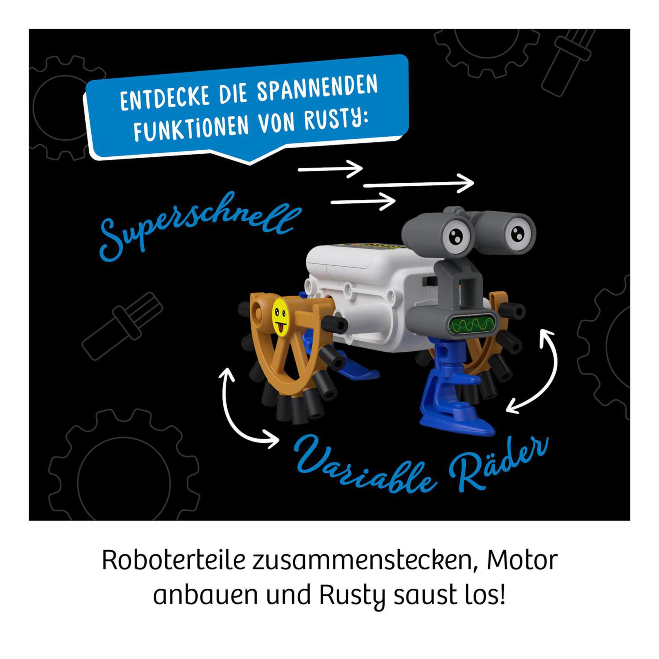 Un robot jouet avec des roues et des bras, avec des étiquettes indiquant des roues variables et la vitesse.
