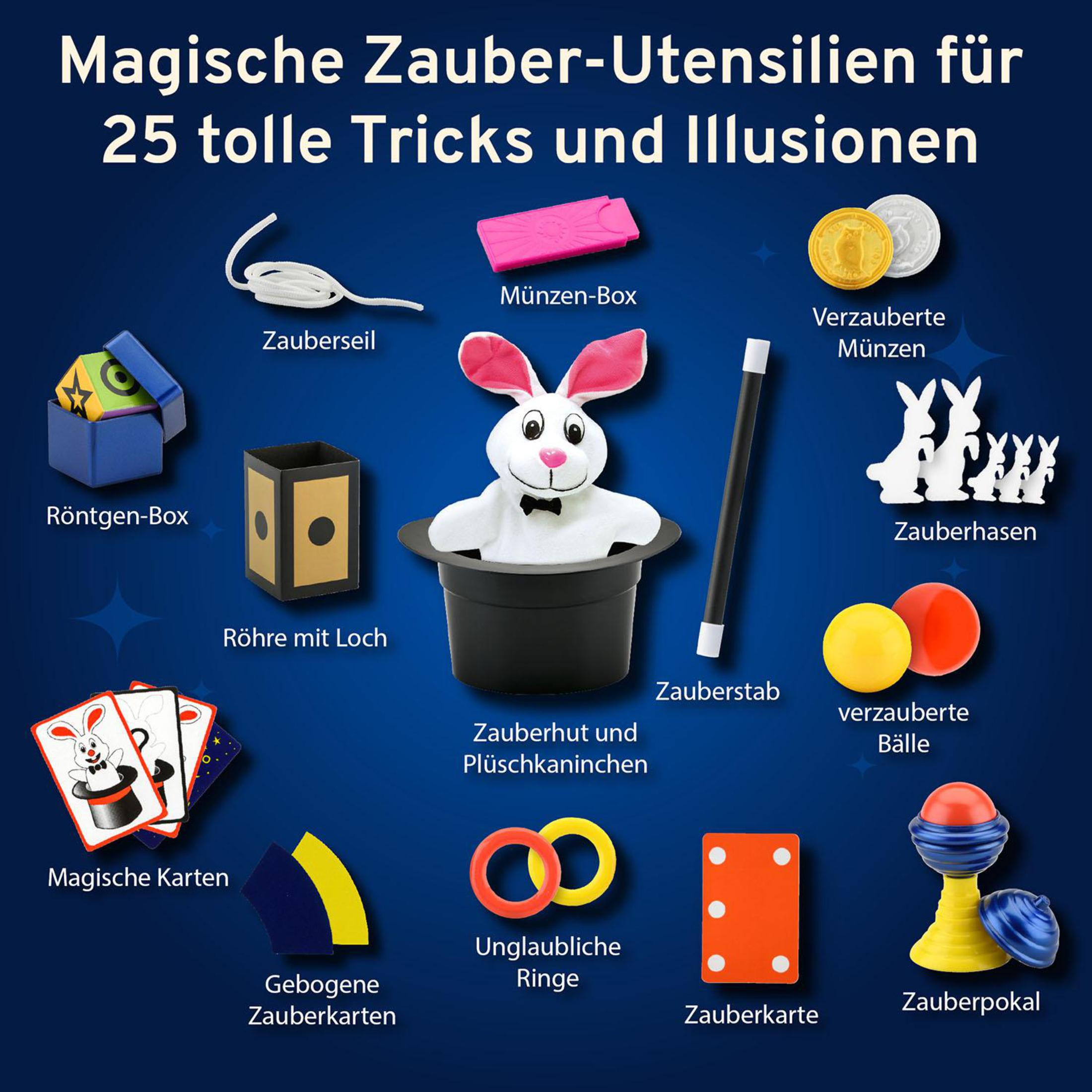 Zauberutensilien: Hut, Hase, Zauberstab, Karten, Münzen, Ringe, Bälle, Box. Text über Tricks und Illusionen.
