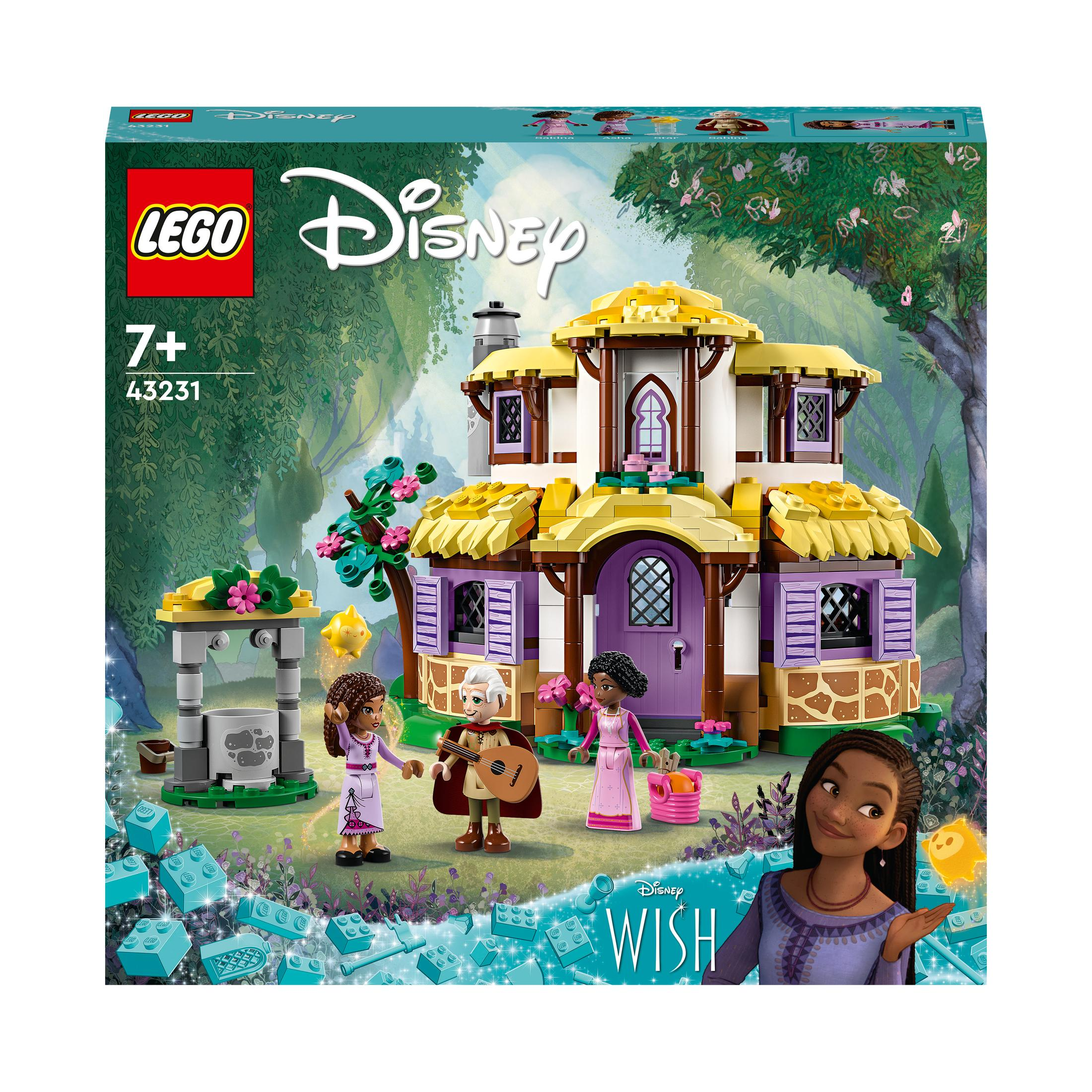 Zestaw LEGO Disney przedstawiający dom z postaciami, otoczony zielonym krajobrazem i błękitnym niebem.