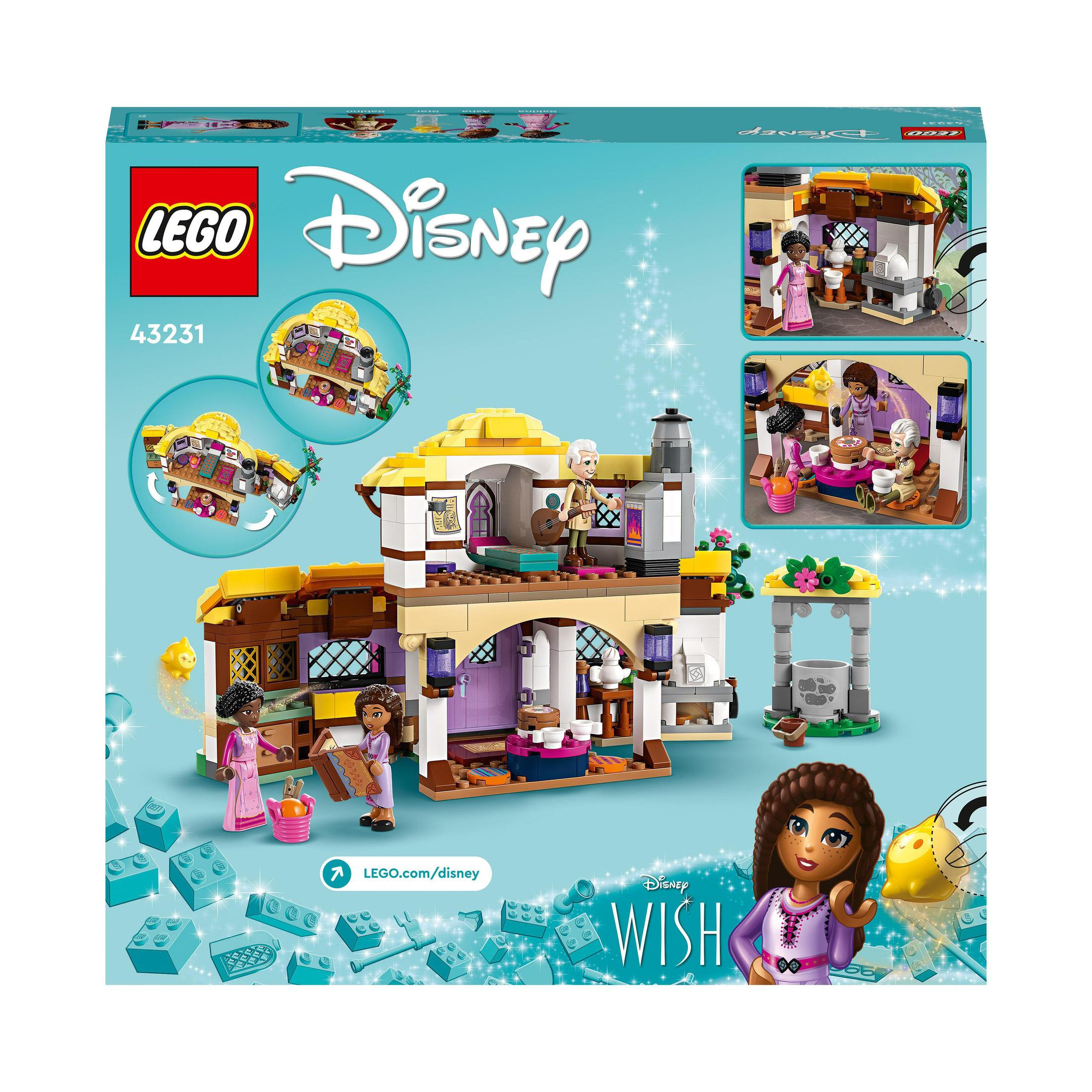 Pudełko zestawu Lego Disney Wish. Pokazuje budynek z figurkami i logo Lego.