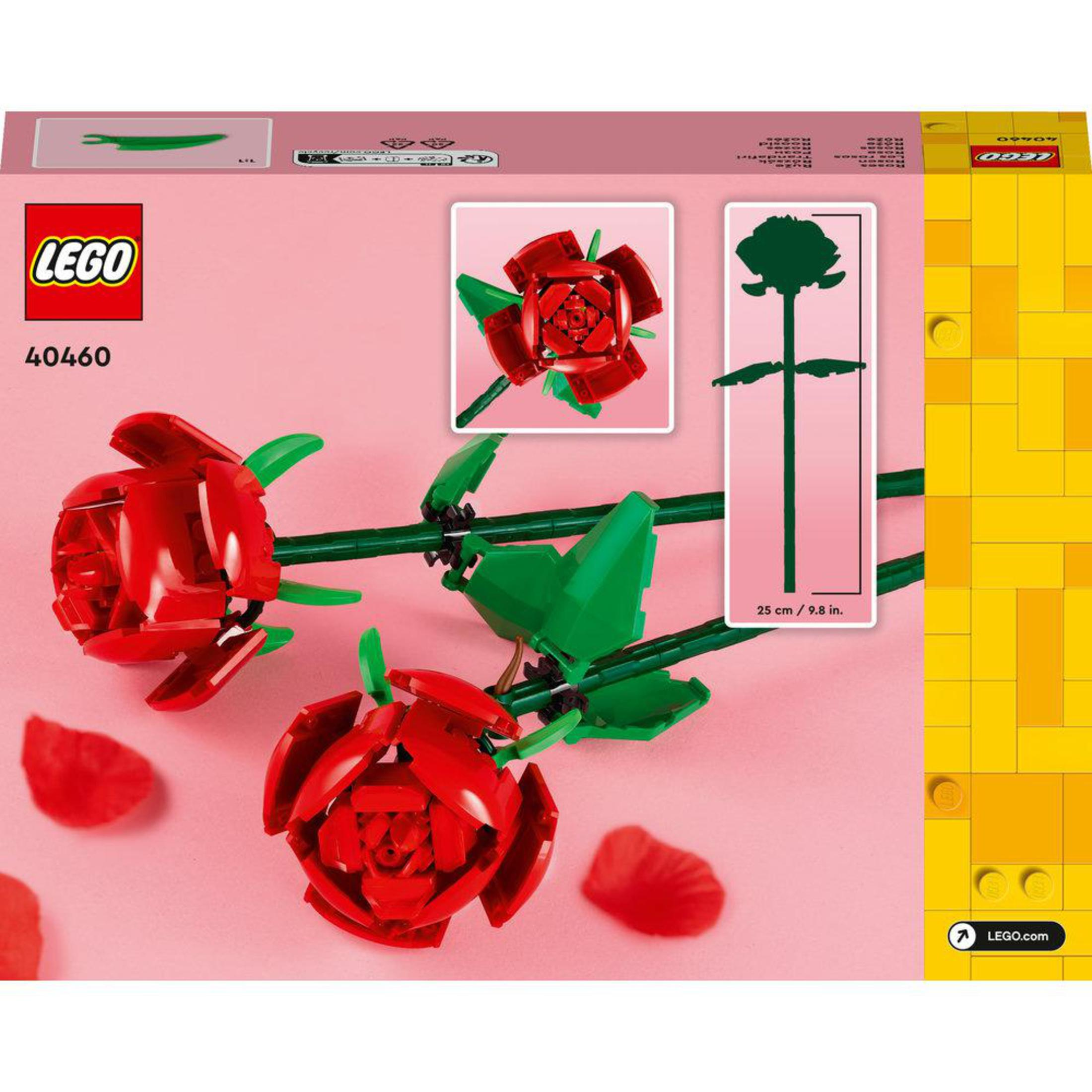 Lego gül set kutusu. Kutu, inşa edilmiş gülleri ve sapların bir diyagramını gösterir. Köşede Lego logosu var.