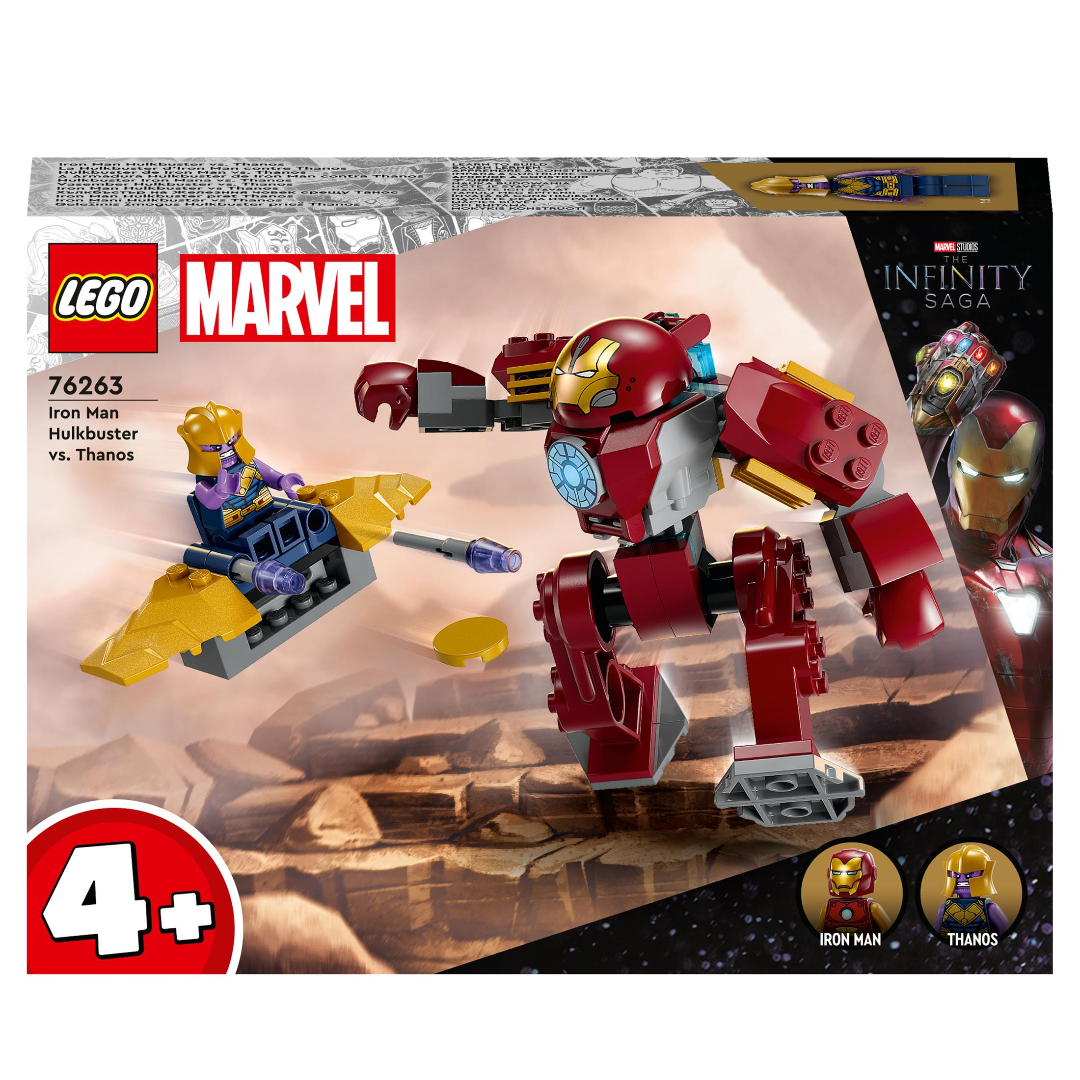 Lego Marvel Set mit Iron Man und Thanos Figuren. Thanos ist auf einem fliegenden Fahrzeug. Weißer Hintergrund.