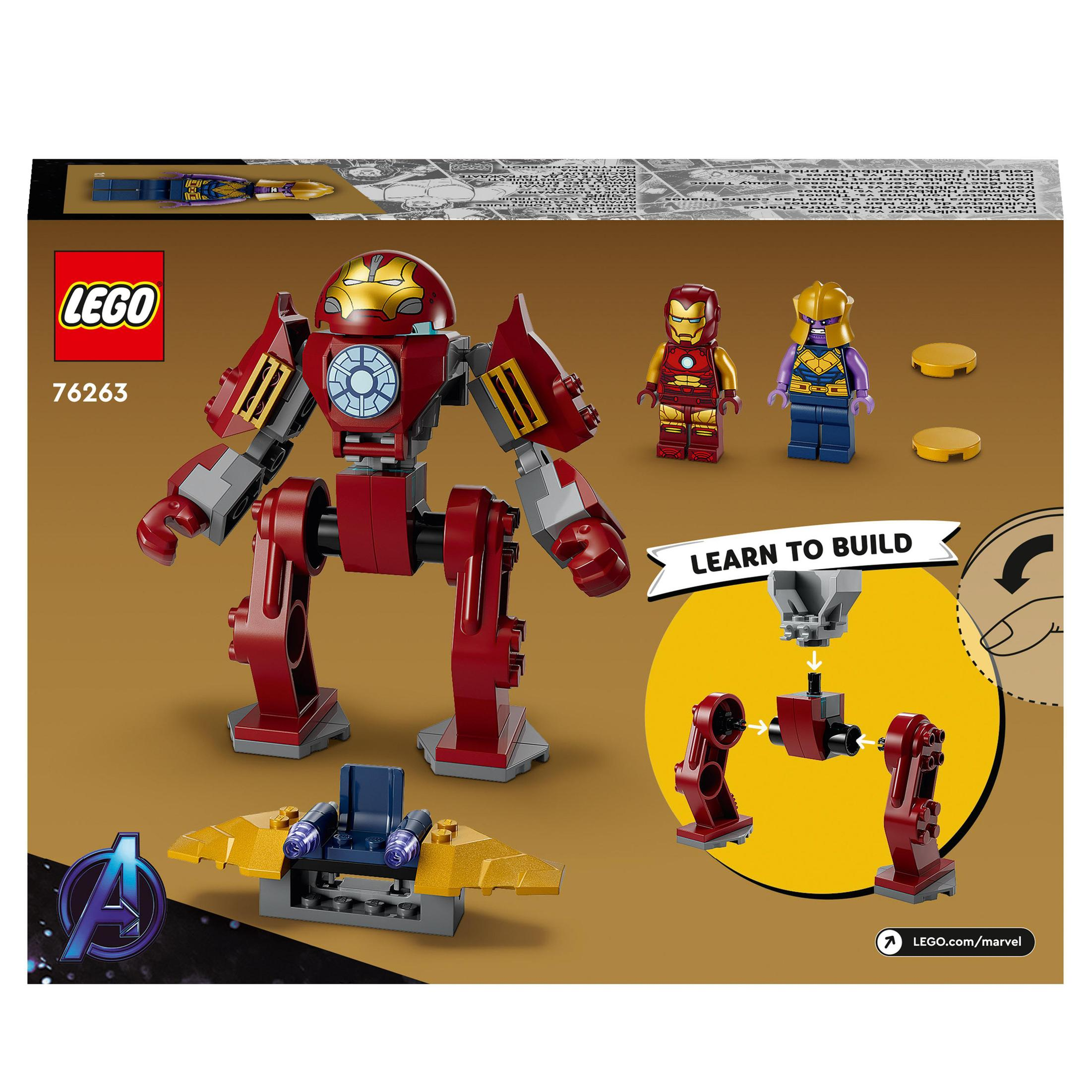 Lego-Set mit Iron Man, Thanos und anderen Figuren und Teilen. Die Box zeigt eine Bauanleitung.