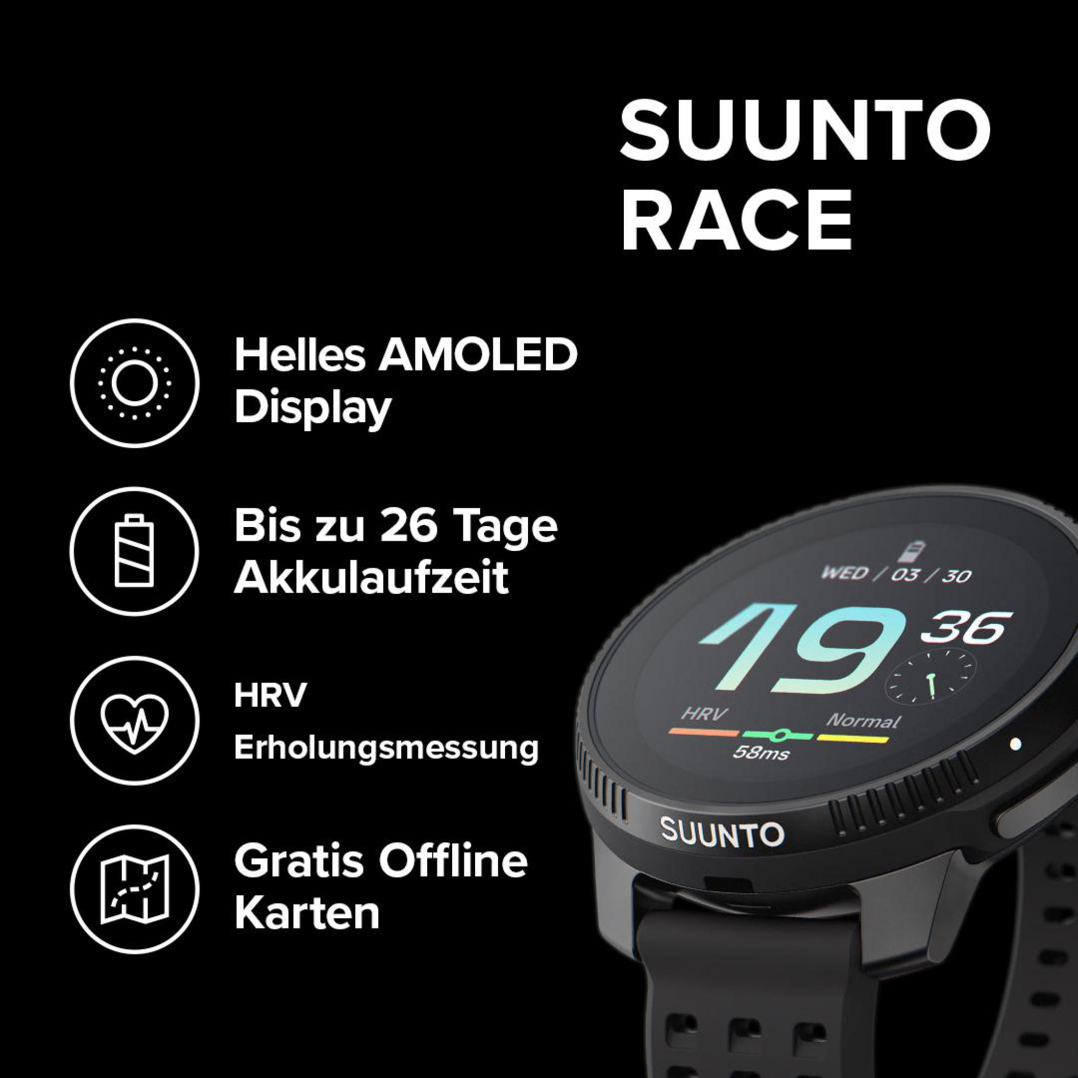 Czarny smartwatch Suunto Race z wyświetlaczem pokazującym datę i godzinę. Tekst na obrazku brzmi 'Suunto Race'.