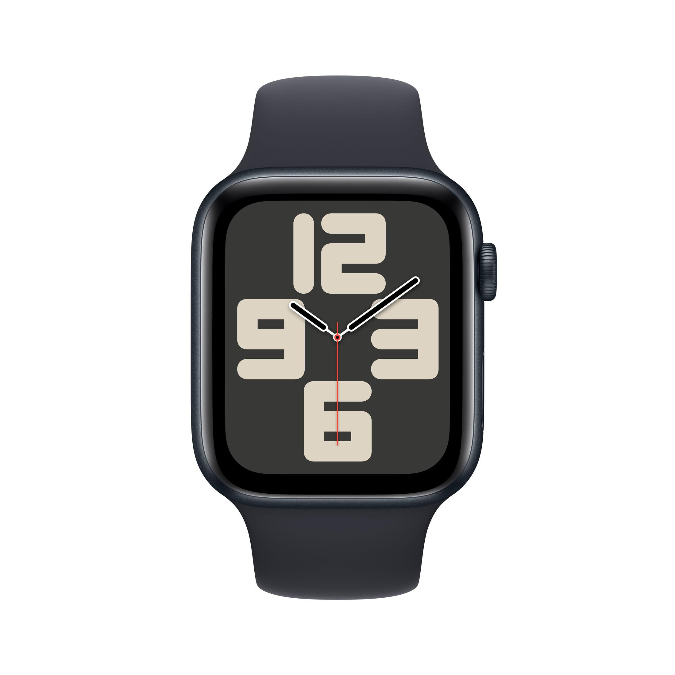 Dunkelblaue Apple Watch. Anzeige zeigt die Uhrzeit. Schwarzes Armband. Weißer Hintergrund.