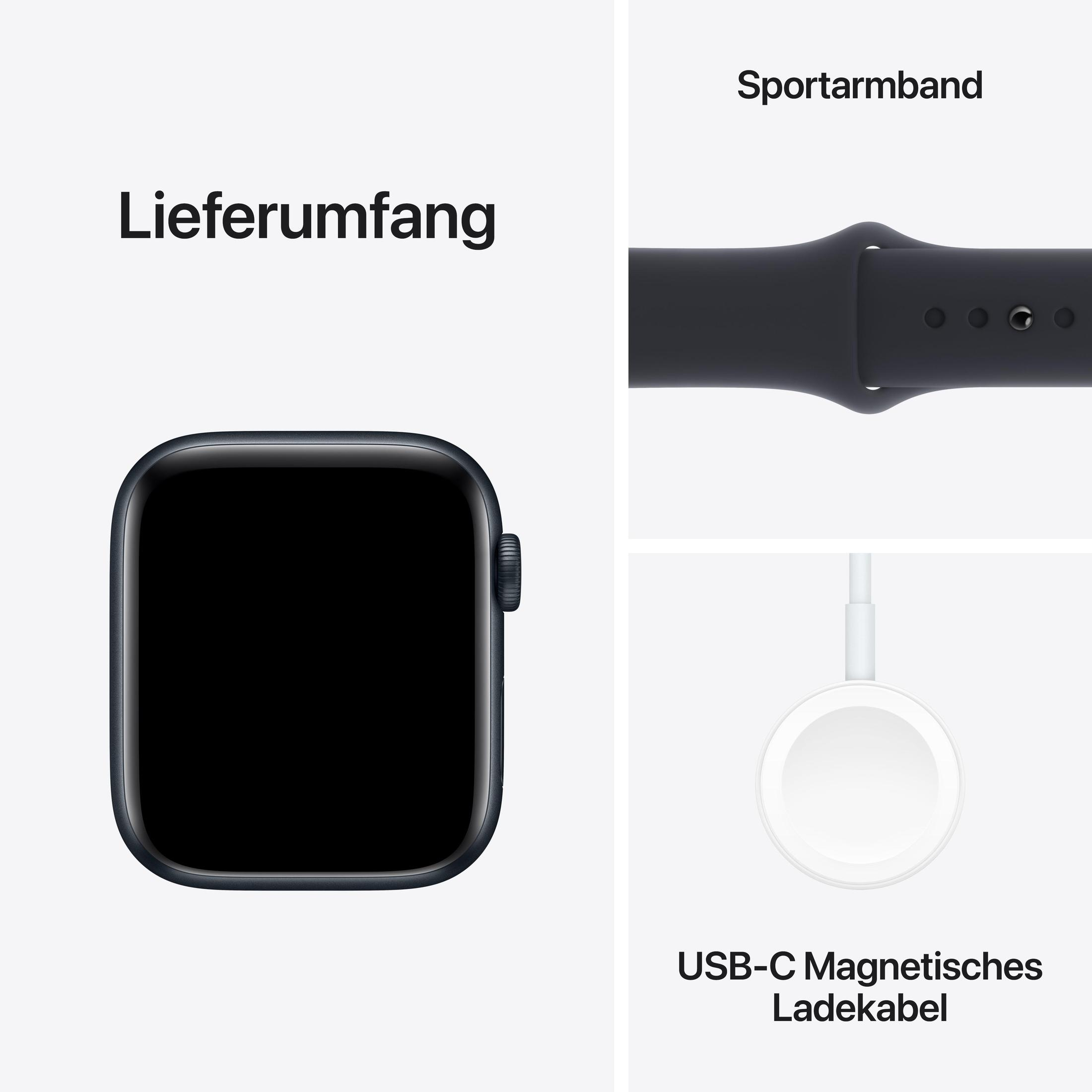Smartwatch, Sportarmband und Ladegerät werden auf weißem Hintergrund angezeigt.