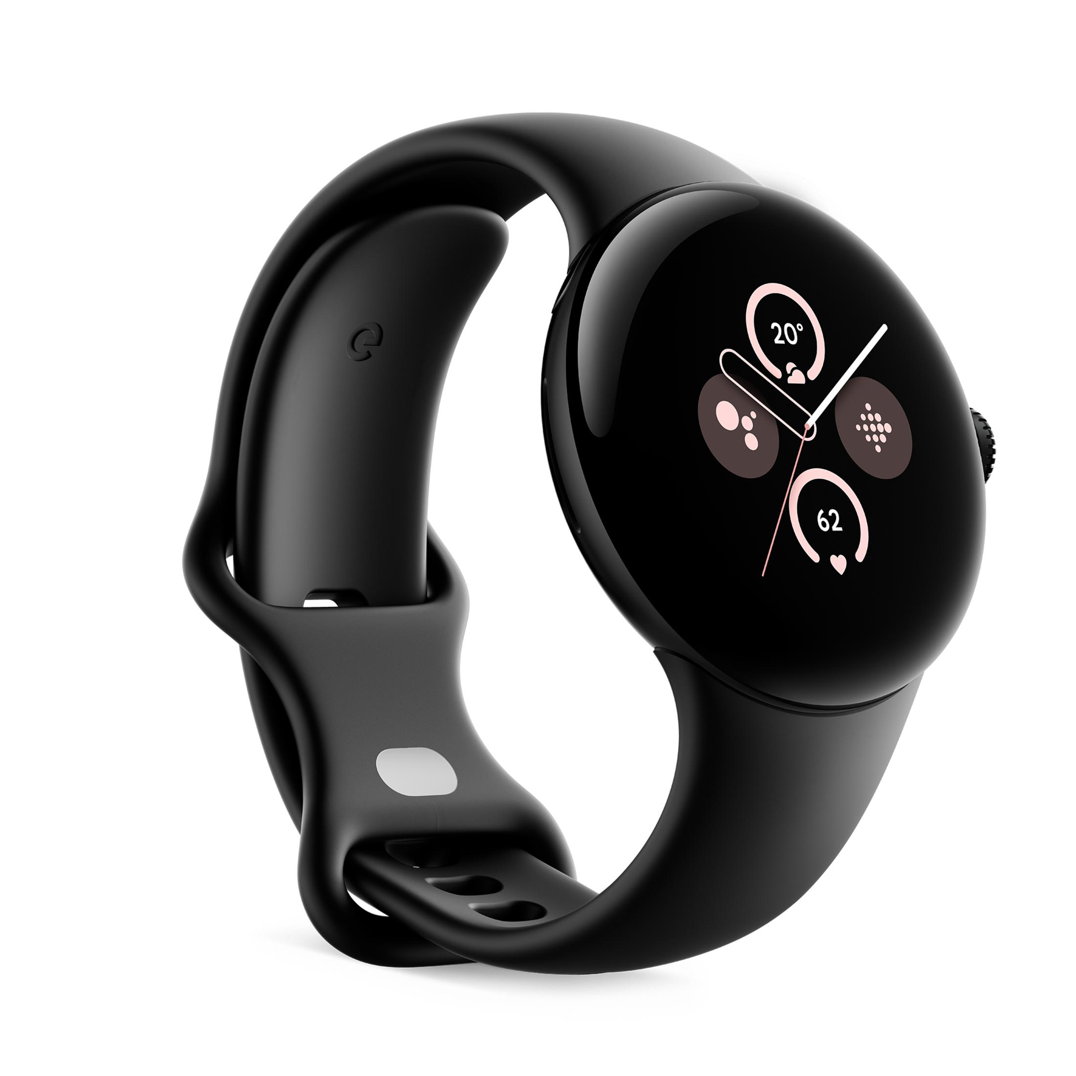 Czarny smartwatch z okrągłym wyświetlaczem i czarnym paskiem na białym tle.