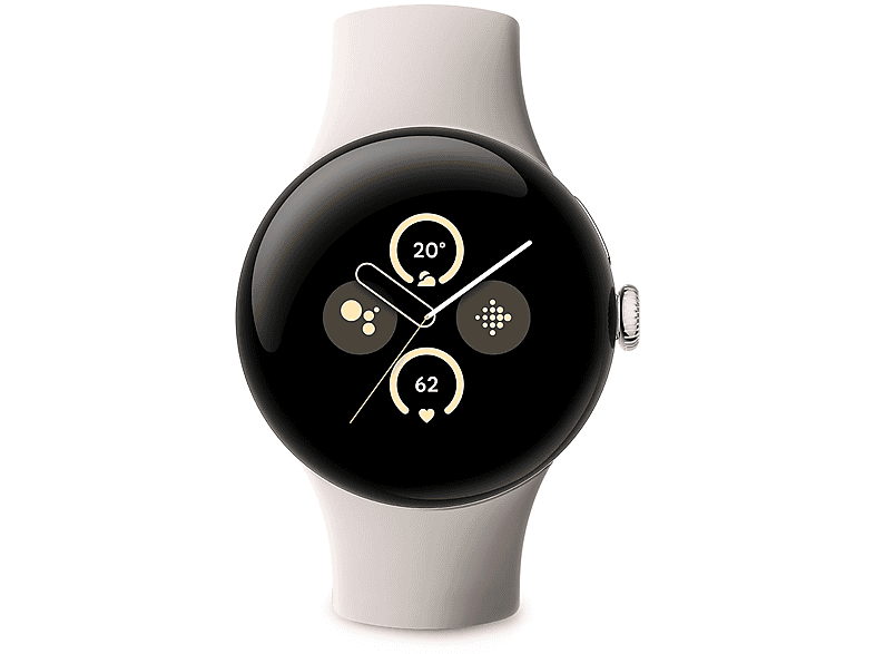 GOOGLE PIXEL WATCH 2 WIFI SILVER CASE AND PORCELAIN BAND Smartwatch Aluminium Fluorelastomer, 130–175 mm, 165–210 mm, Polished Silver/ Porcelain