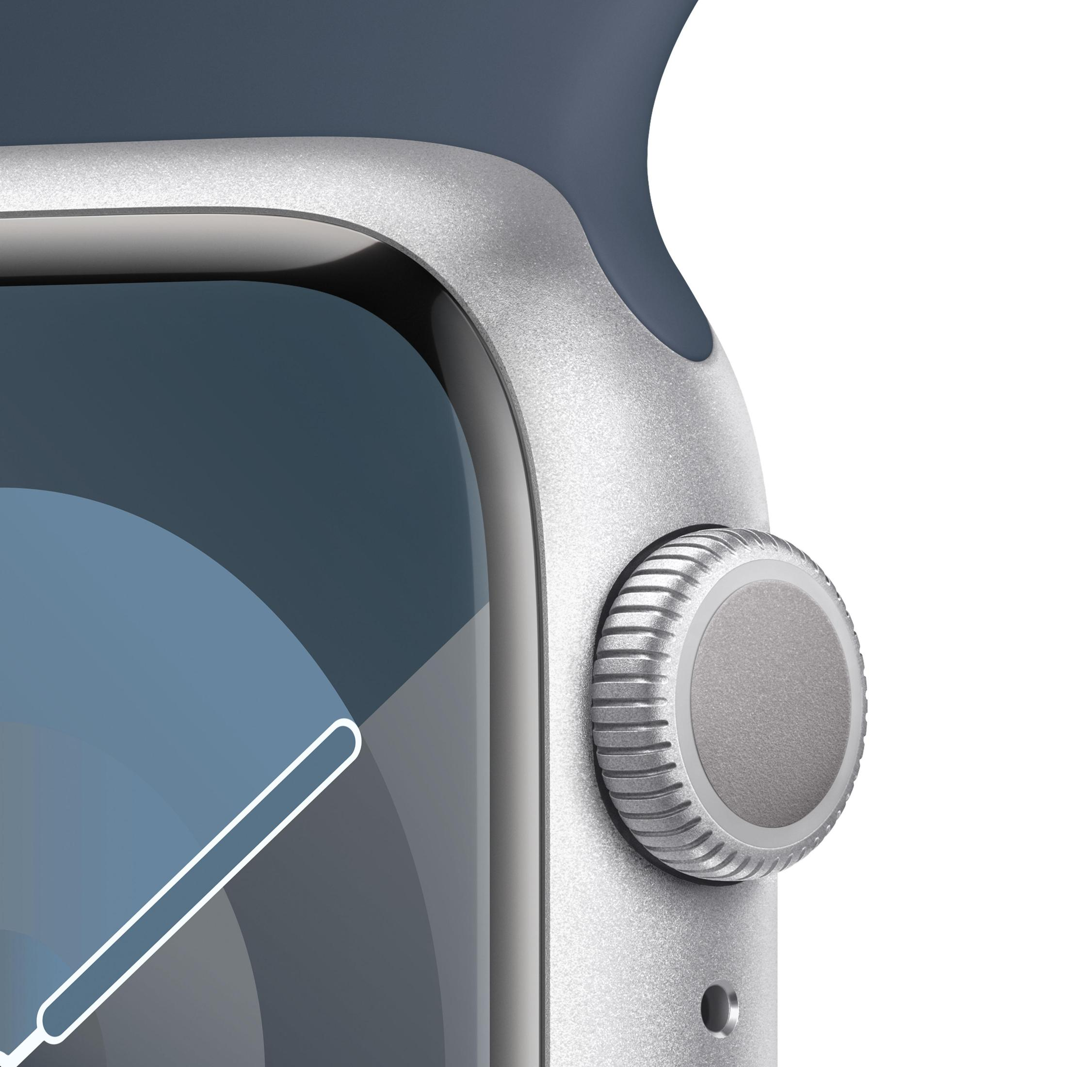 Close-up of a smartwatch with a silver frame and a blue band.
