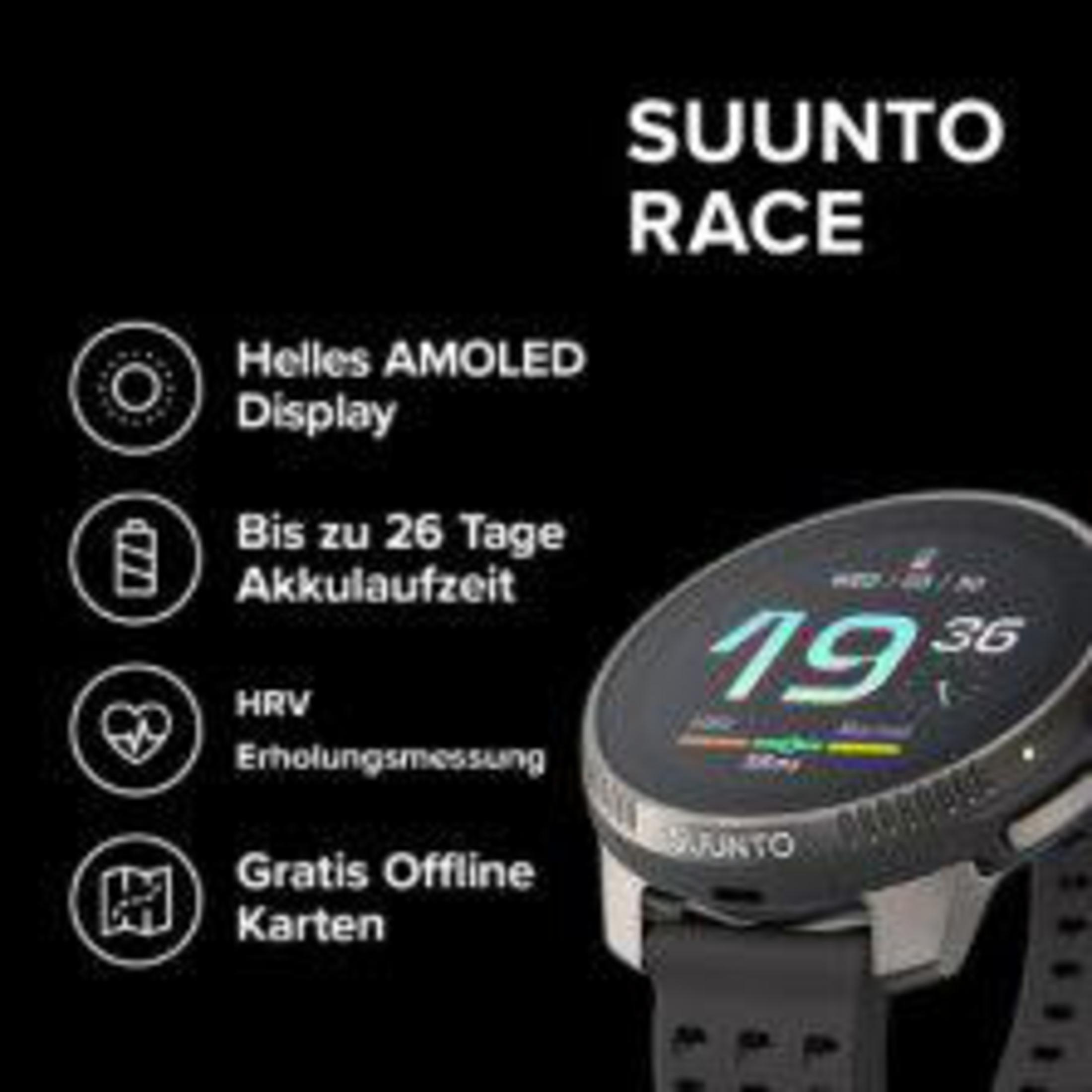Smartwatch Suunto Race z wymienionymi funkcjami. Posiada wyświetlacz AMOLED i mapy offline.