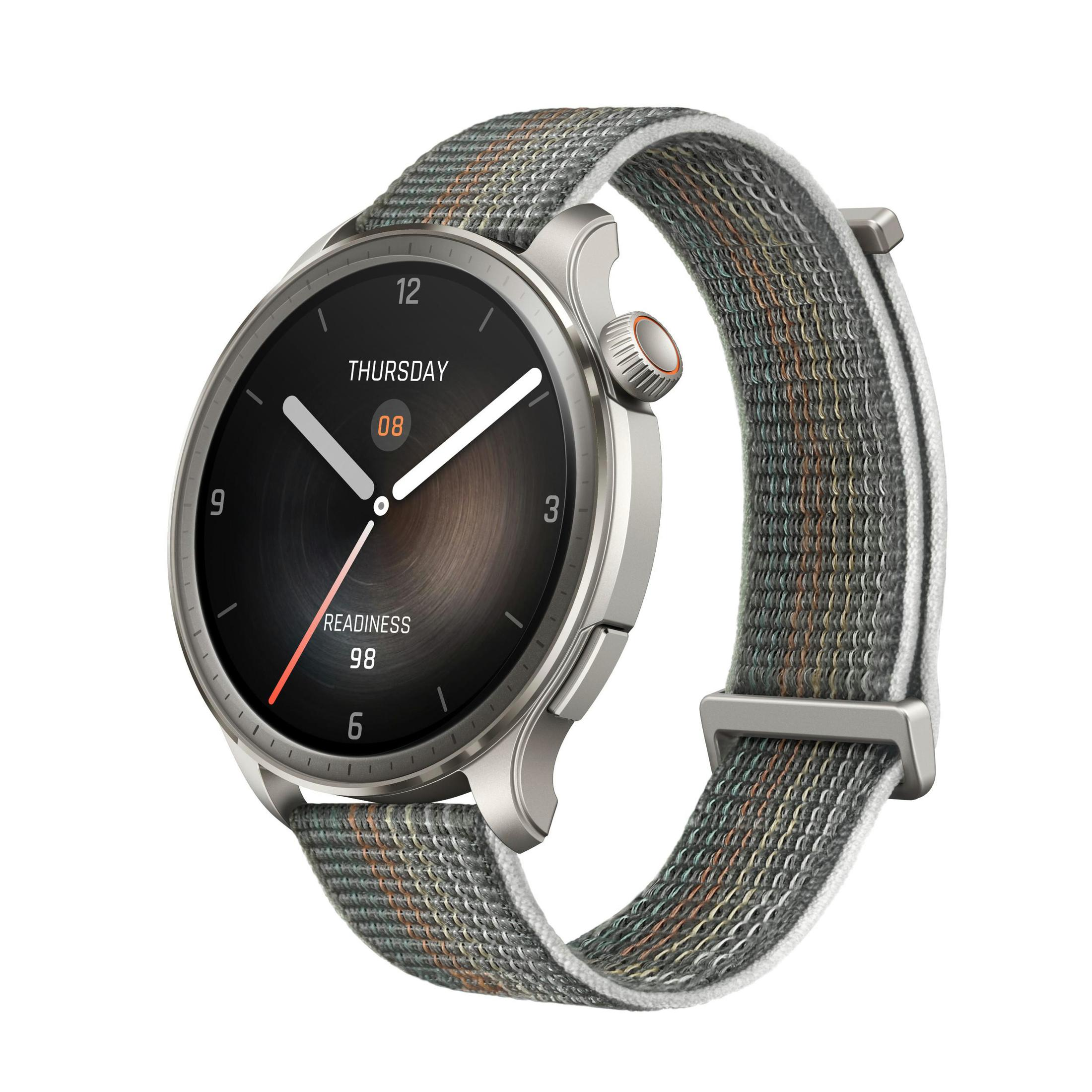 Een zilveren smartwatch met een camouflageband, die de tijd en de gereedheidsscore weergeeft.