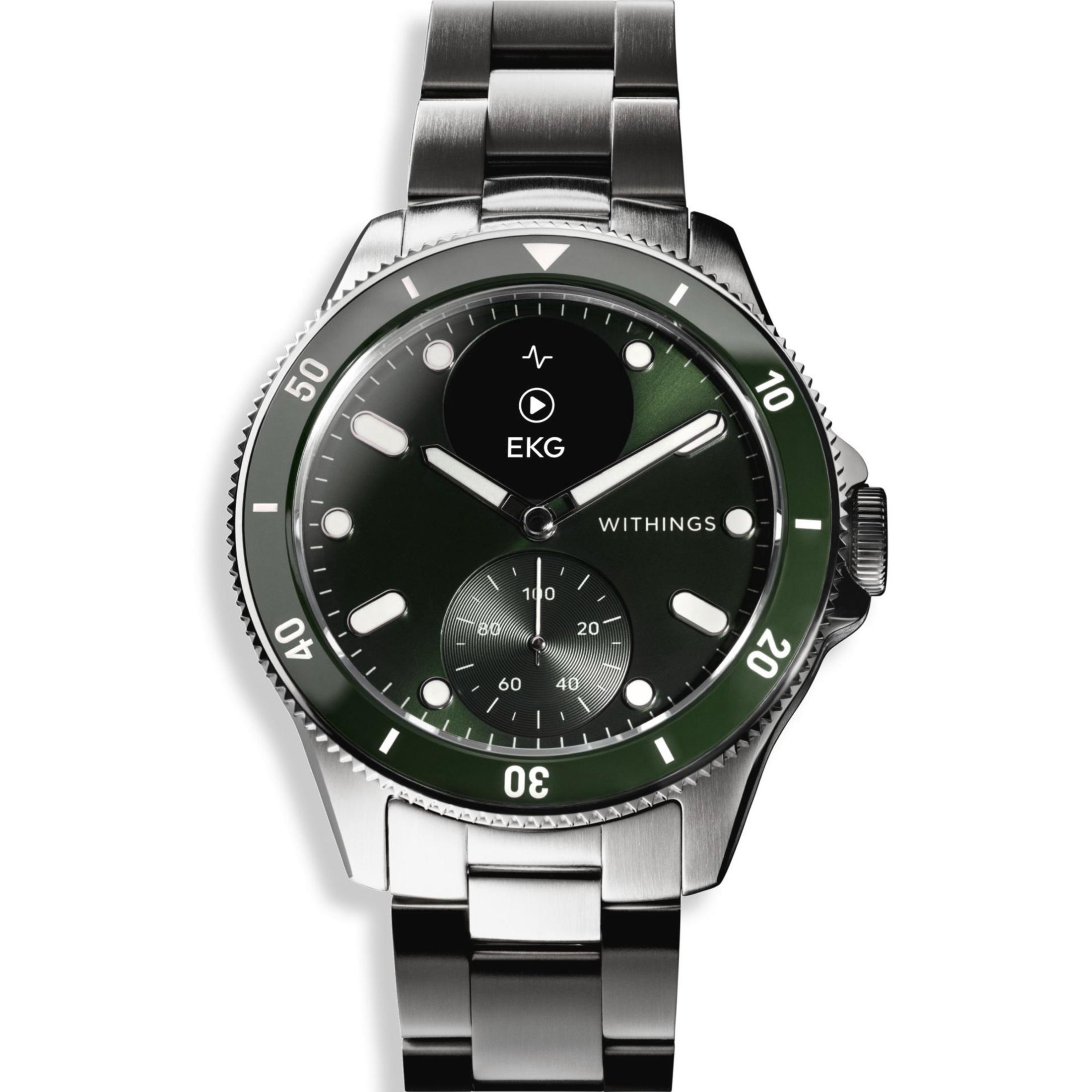Withings Smartwatch mit grüner Lünette. Digitalanzeige zeigt Herzfrequenz und Uhrzeit.