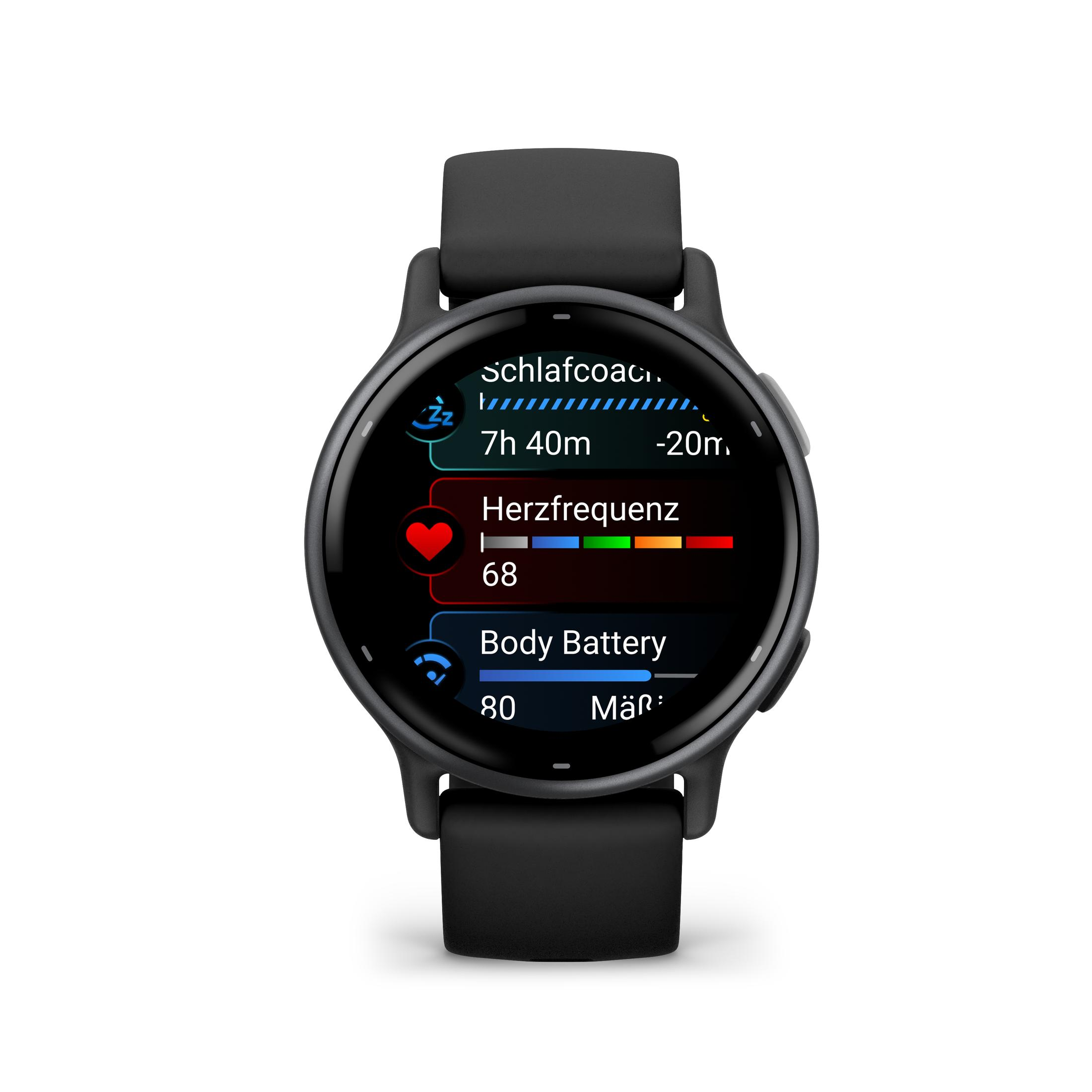 Schwarze Garmin Smartwatch mit Schlaf, Herzfrequenz und Körperbatterie-Metriken.