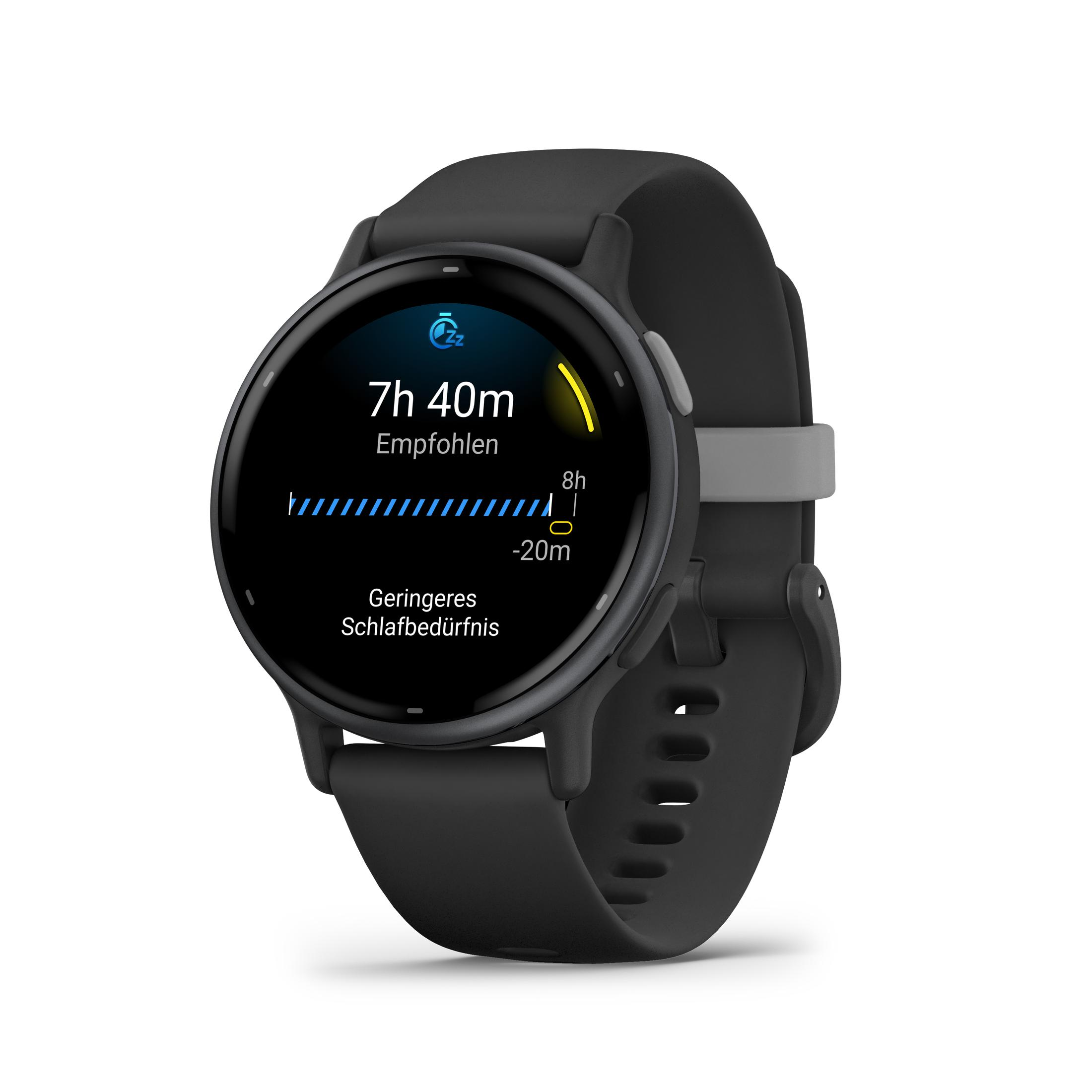 Schwarze Garmin Smartwatch mit Schlafdaten. Zeigt 7h 40m Schlaf an, benötigt -20m mehr.