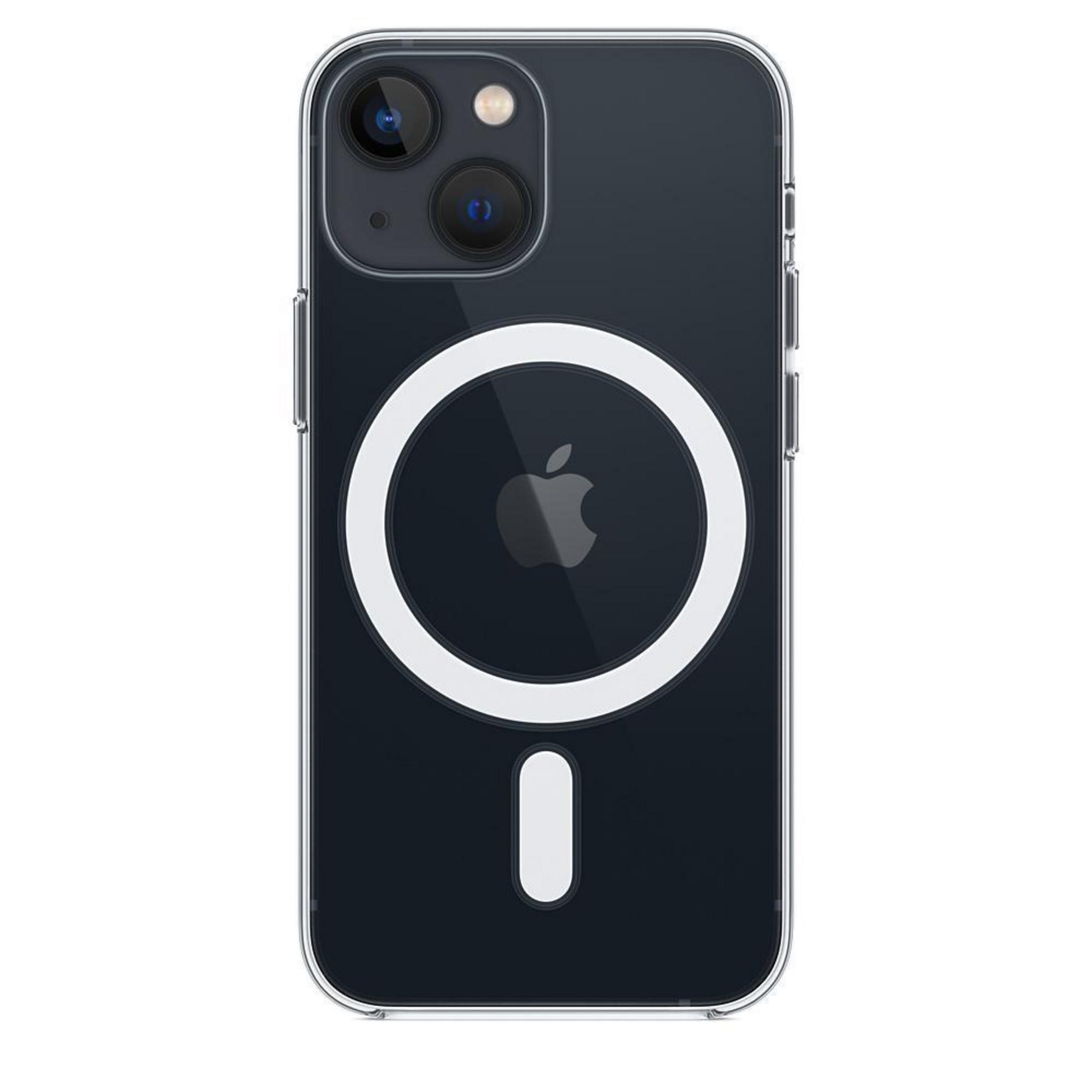 Coque d'iPhone noire avec un design MagSafe circulaire blanc et le logo Apple.