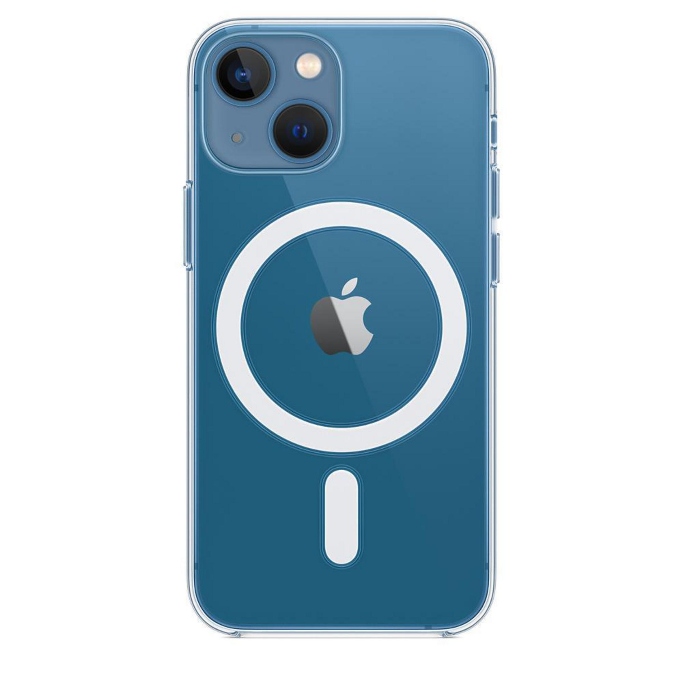 Une coque de téléphone bleue transparente avec un cercle blanc et un logo Apple noir. Elle a un signe moins en bas.