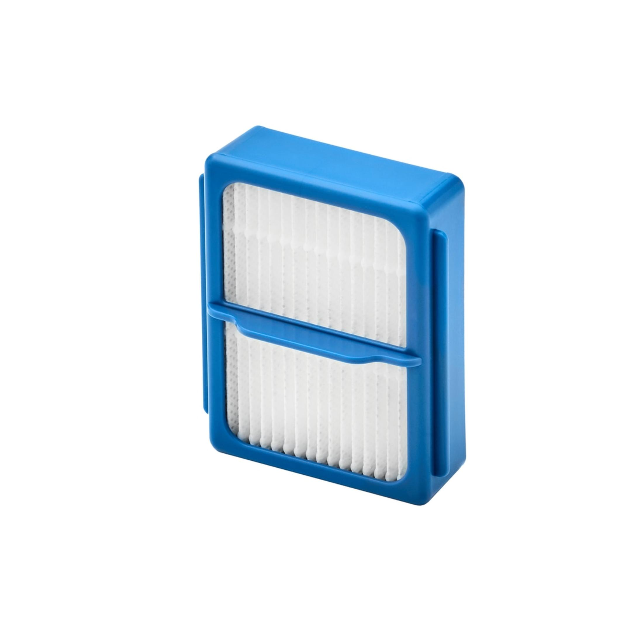 Un filtro azul para una aspiradora. El filtro es rectangular con una malla interna blanca y el marco es azul.