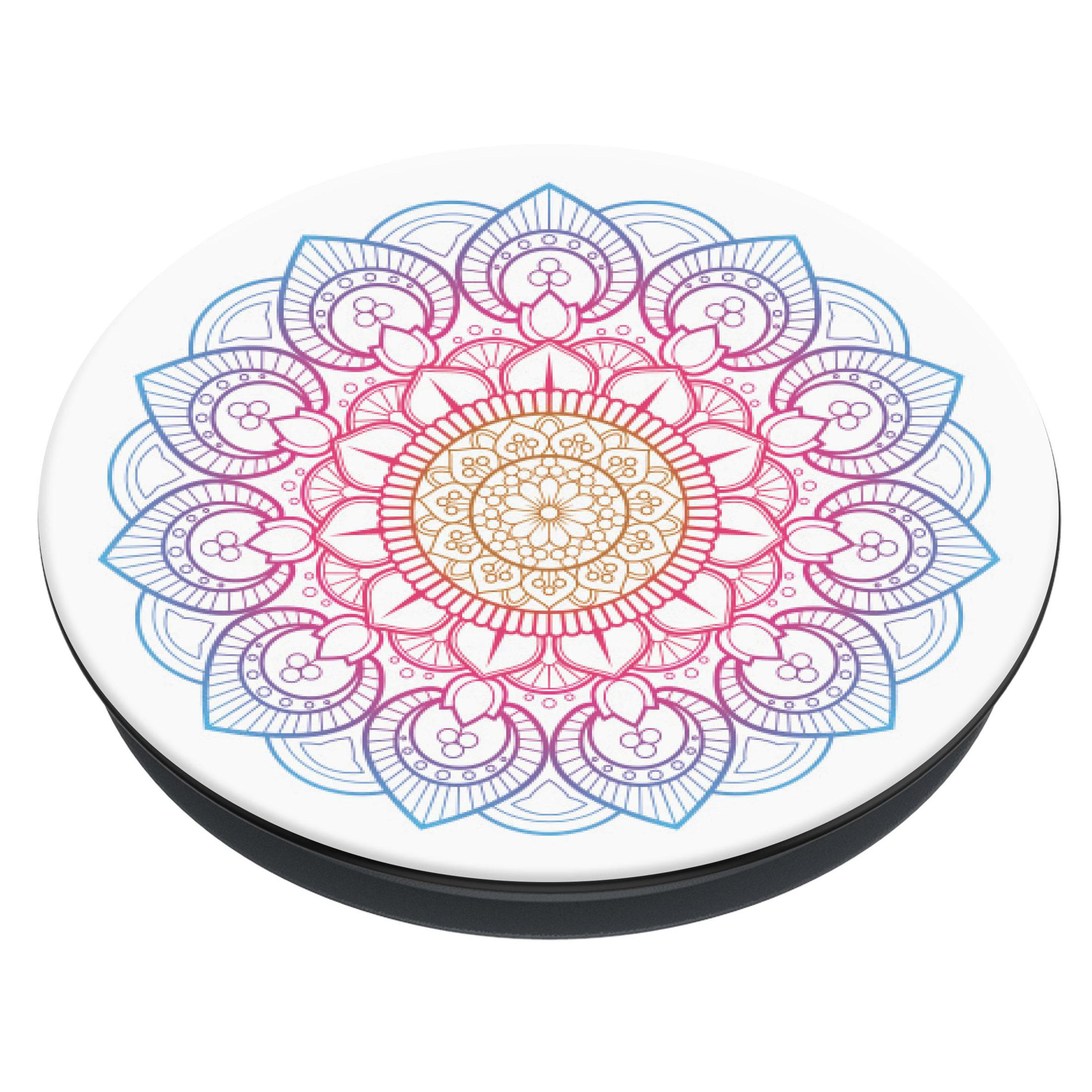 Ein runder, weißer PopSocket mit einem bunten Mandala-Design in Pink, Lila und Blau.