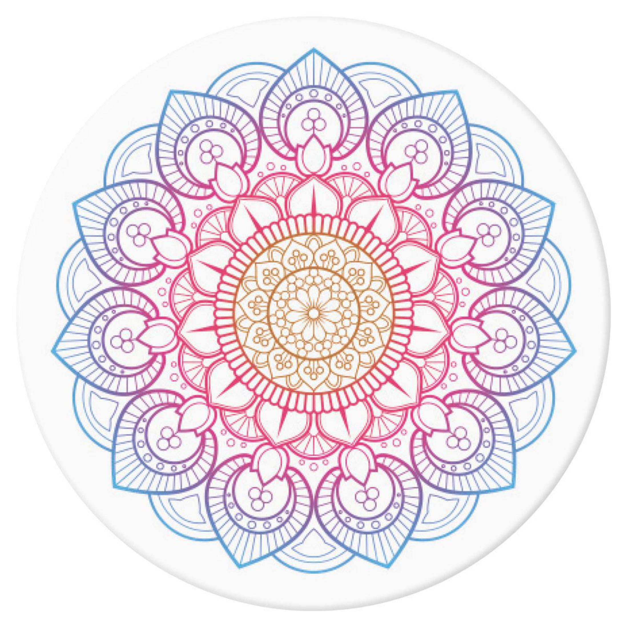 Ein weißer Kreis mit einem farbenfrohen Mandala-Design in der Mitte.
