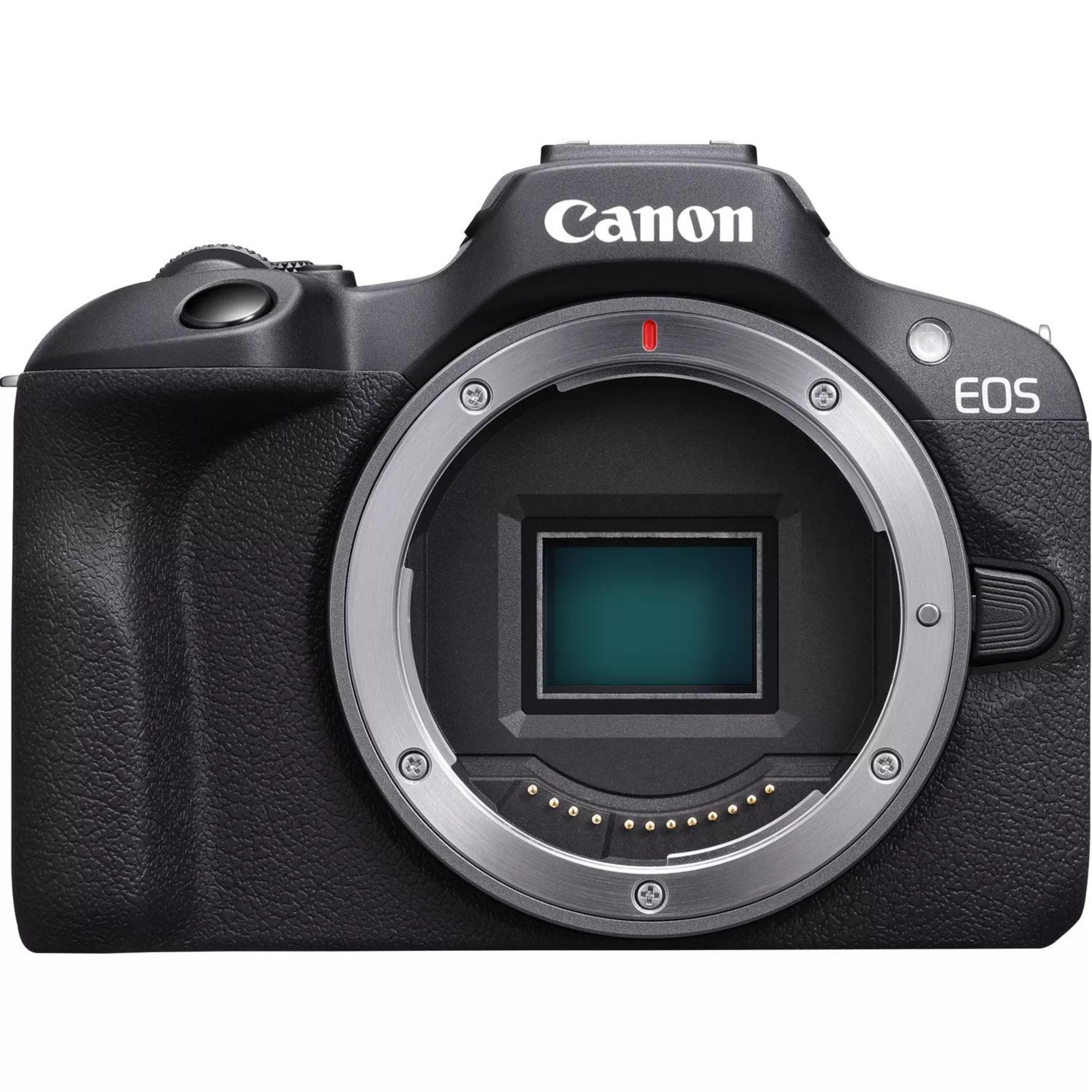 Se muestra una cámara Canon EOS con montura de lente, la parte frontal es negra y la lente está abierta.