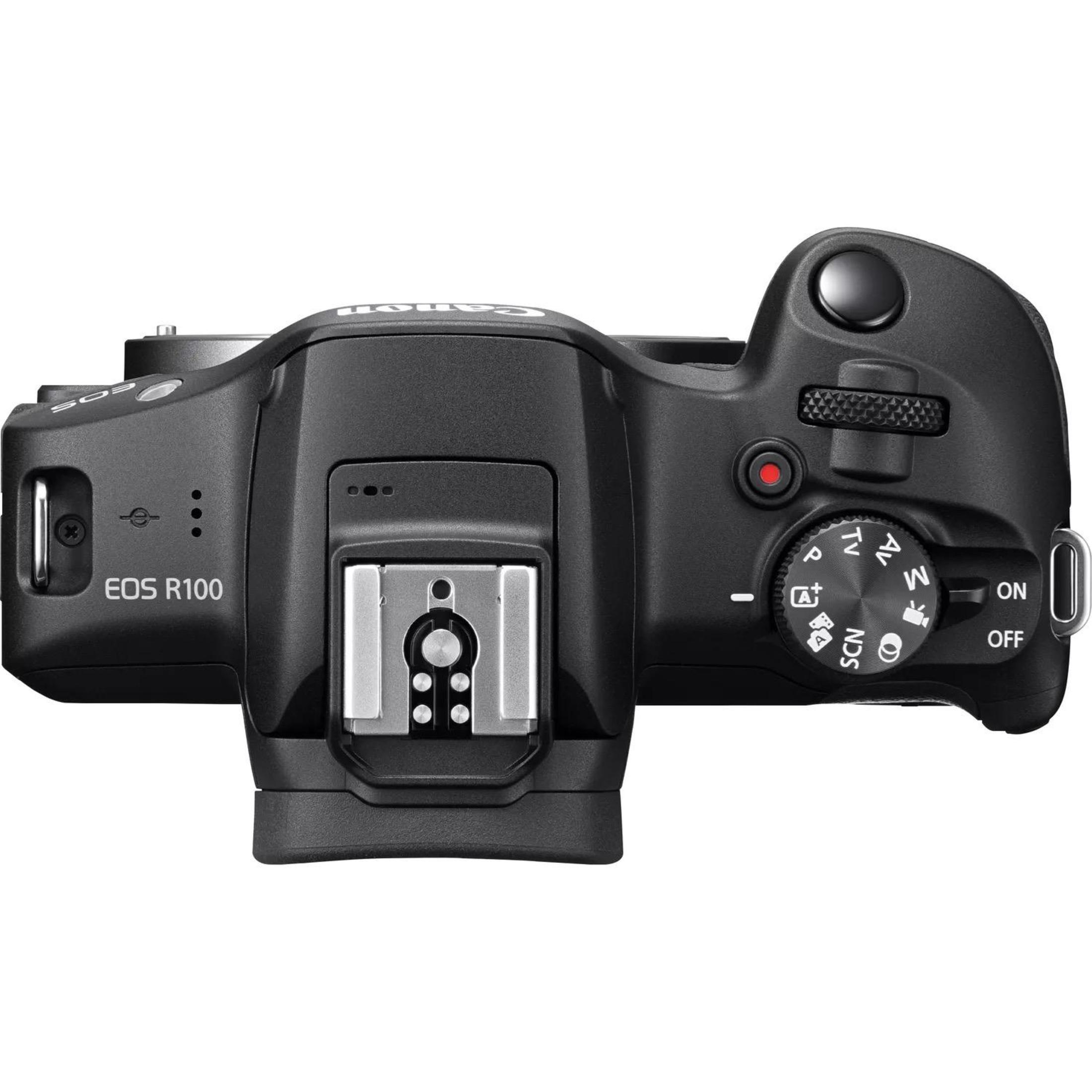 Una cámara negra desde arriba con el logo de Canon, con muchos botones e interruptores, incluido el de encendido/apagado.