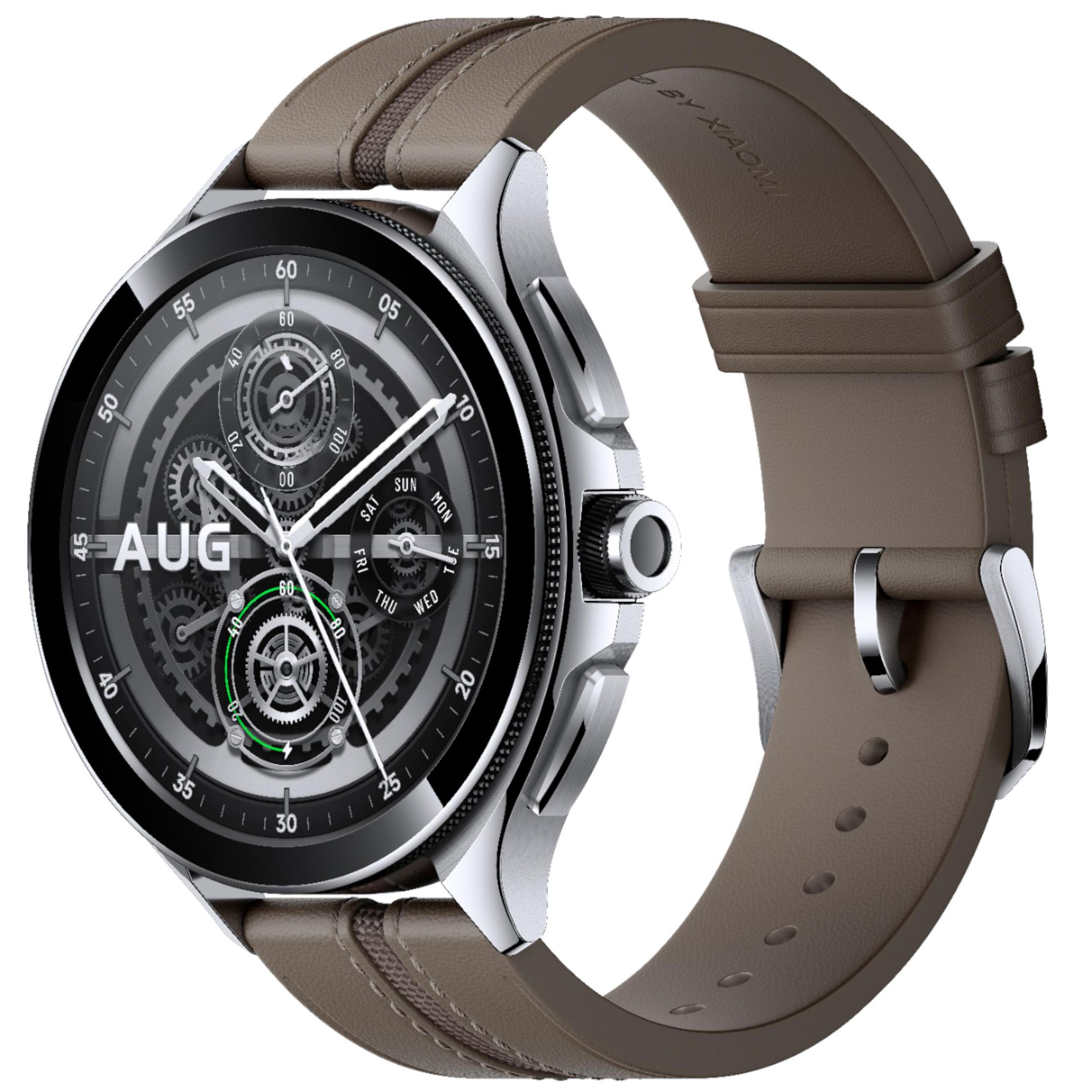 Close-up van een smartwatch met een bruine band. De wijzerplaat toont tijd en diverse statistieken.