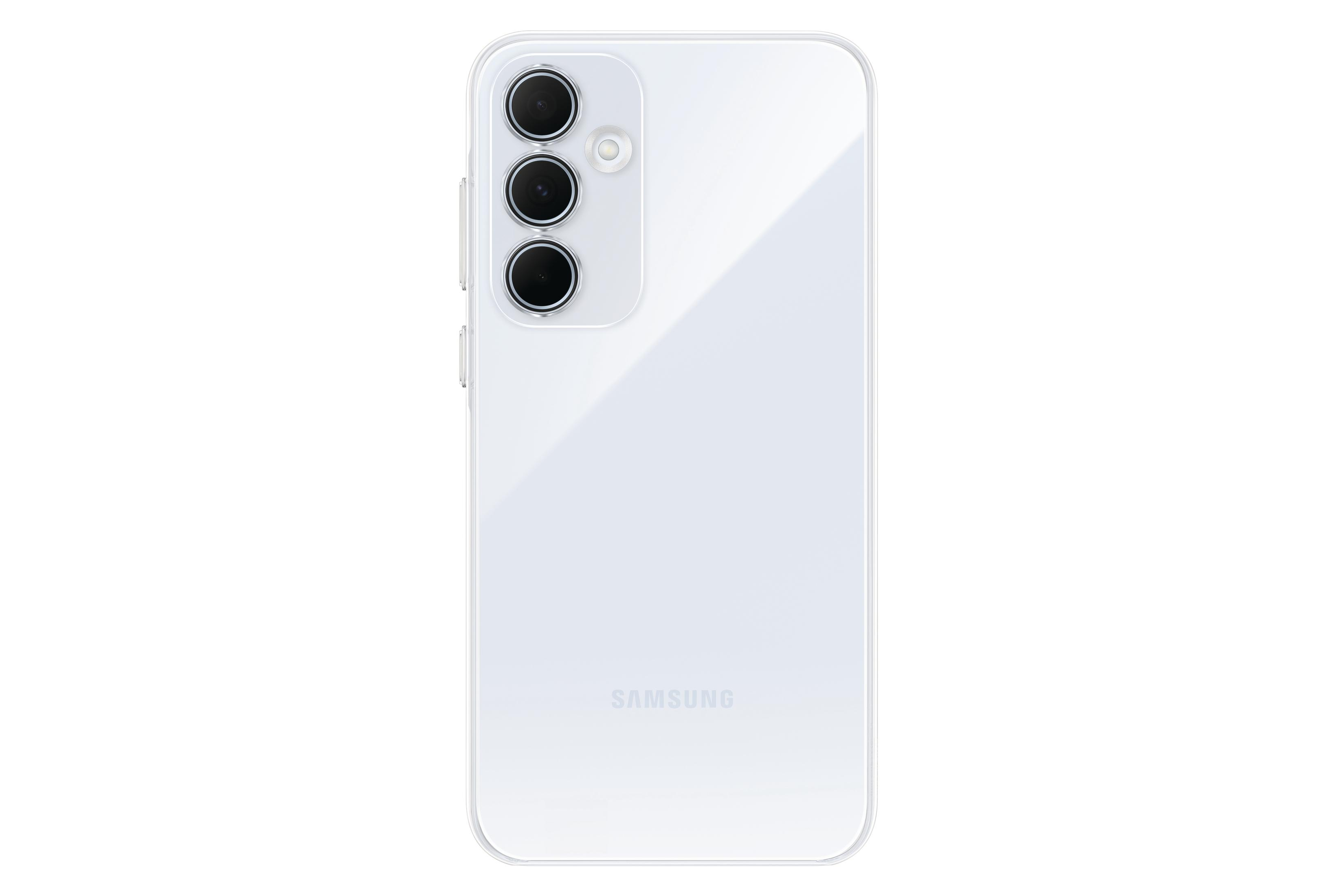 Ein weißes Samsung-Handy mit drei Rückkameras und dem Samsung-Logo.