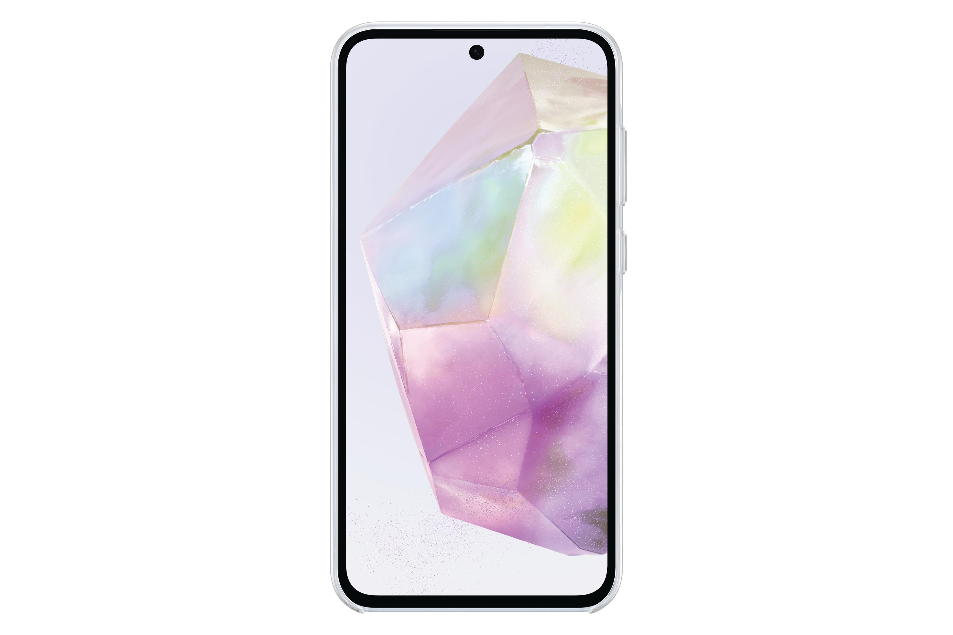 Weißes Smartphone mit großem Bildschirm, der ein farbenfrohes abstraktes Bild zeigt.