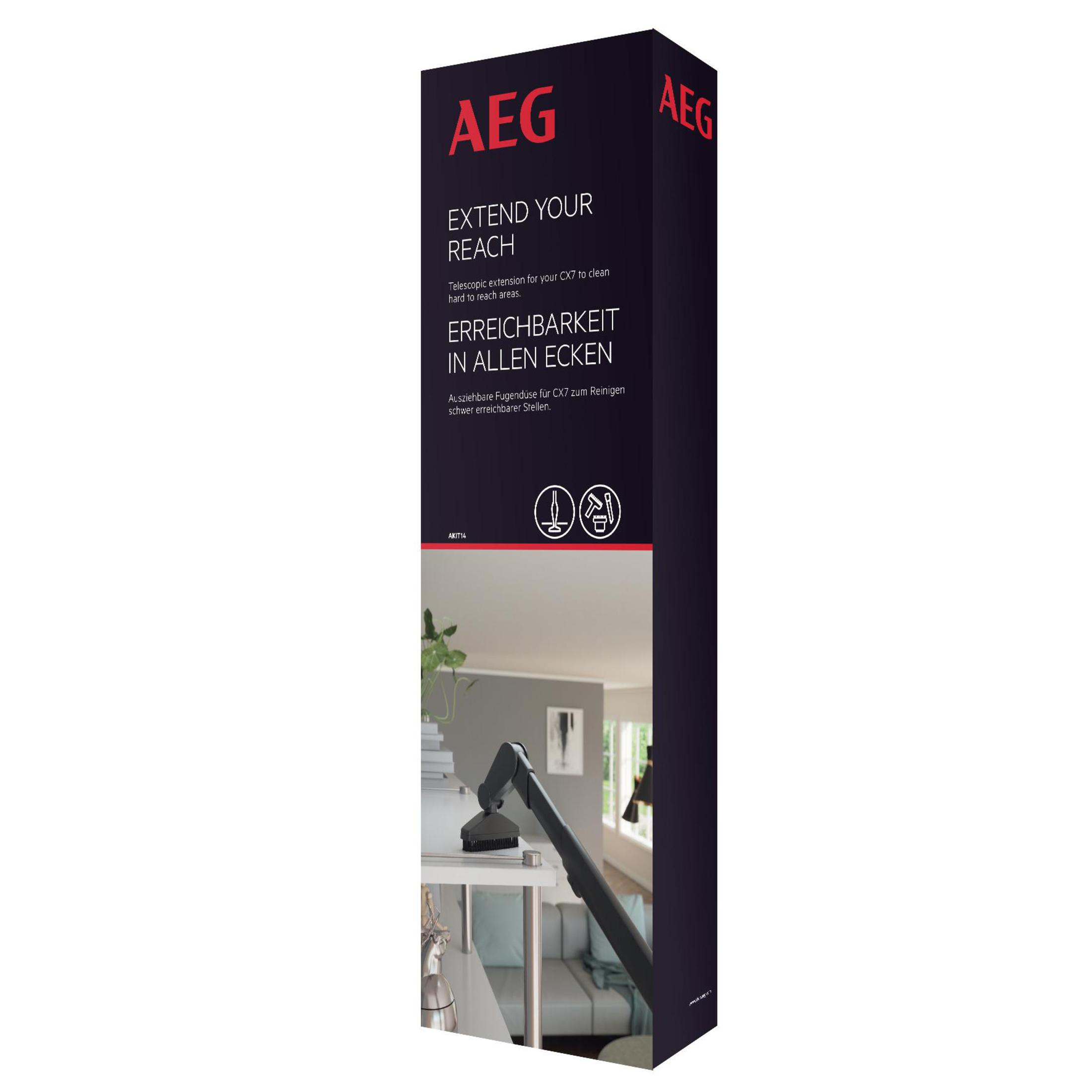 Caja de producto con el logo AEG y texto promocionando una extensión telescópica para aspiradoras.