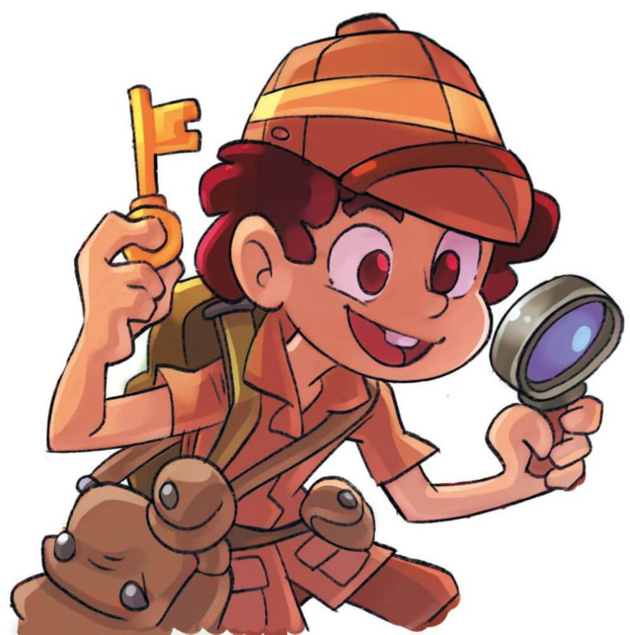 Cartoon-Illustration eines kleinen Entdeckers, der einen Schlüssel und eine Lupe hält.