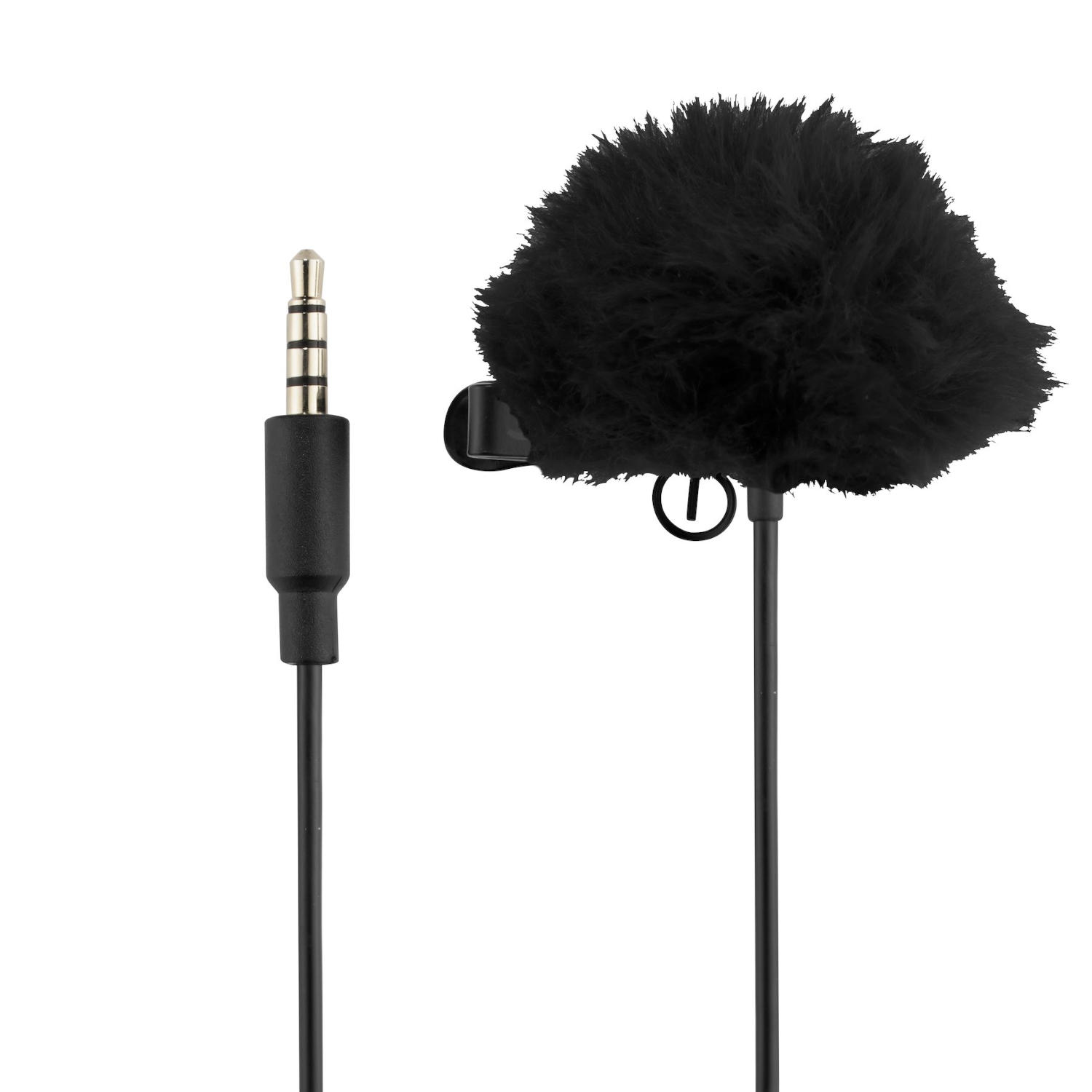 Un micrófono negro con una cubierta peluda y un cable negro. Está sobre un fondo blanco.