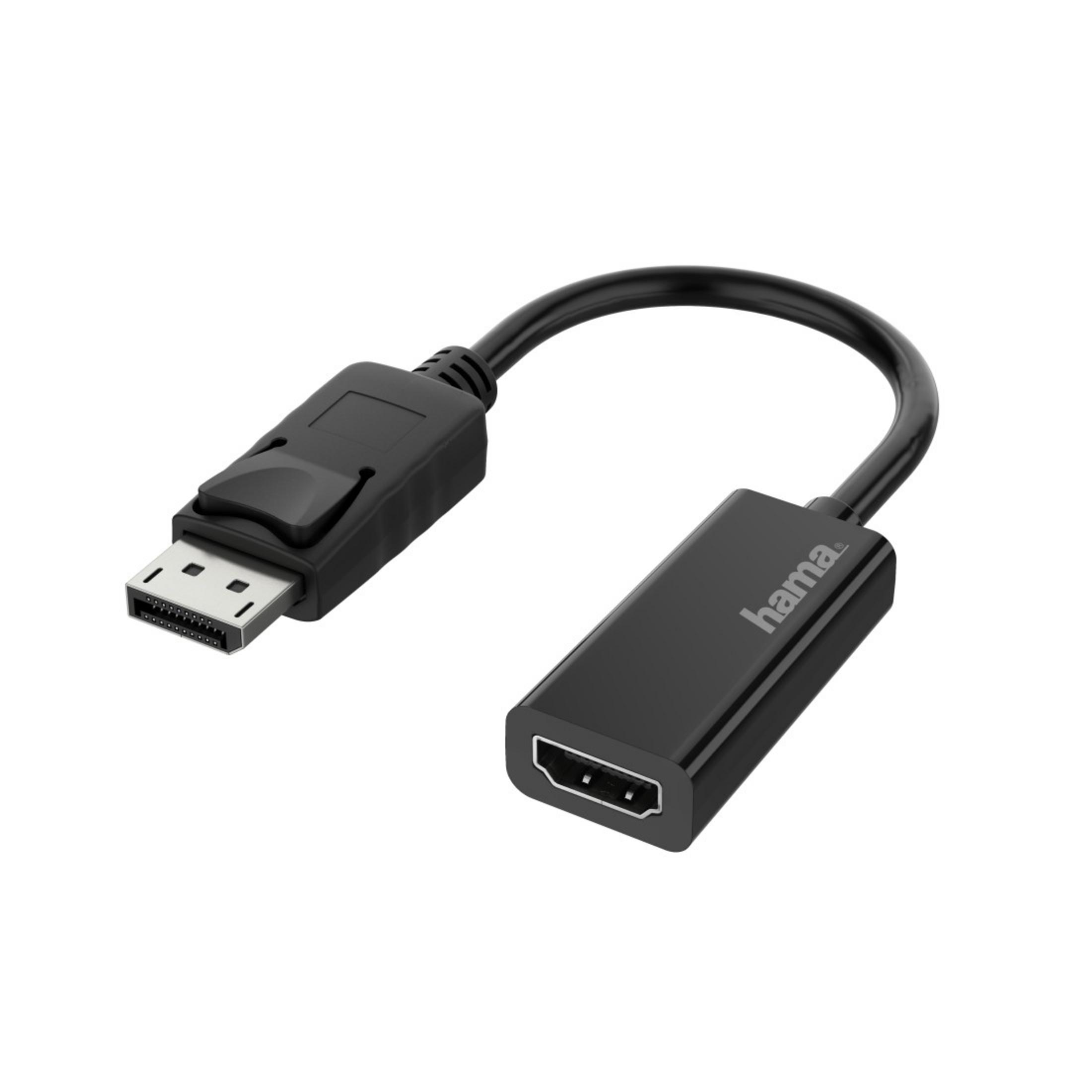 Ein schwarzes DisplayPort-zu-HDMI-Adapterkabel, das zwei rechteckige Enden verbindet.