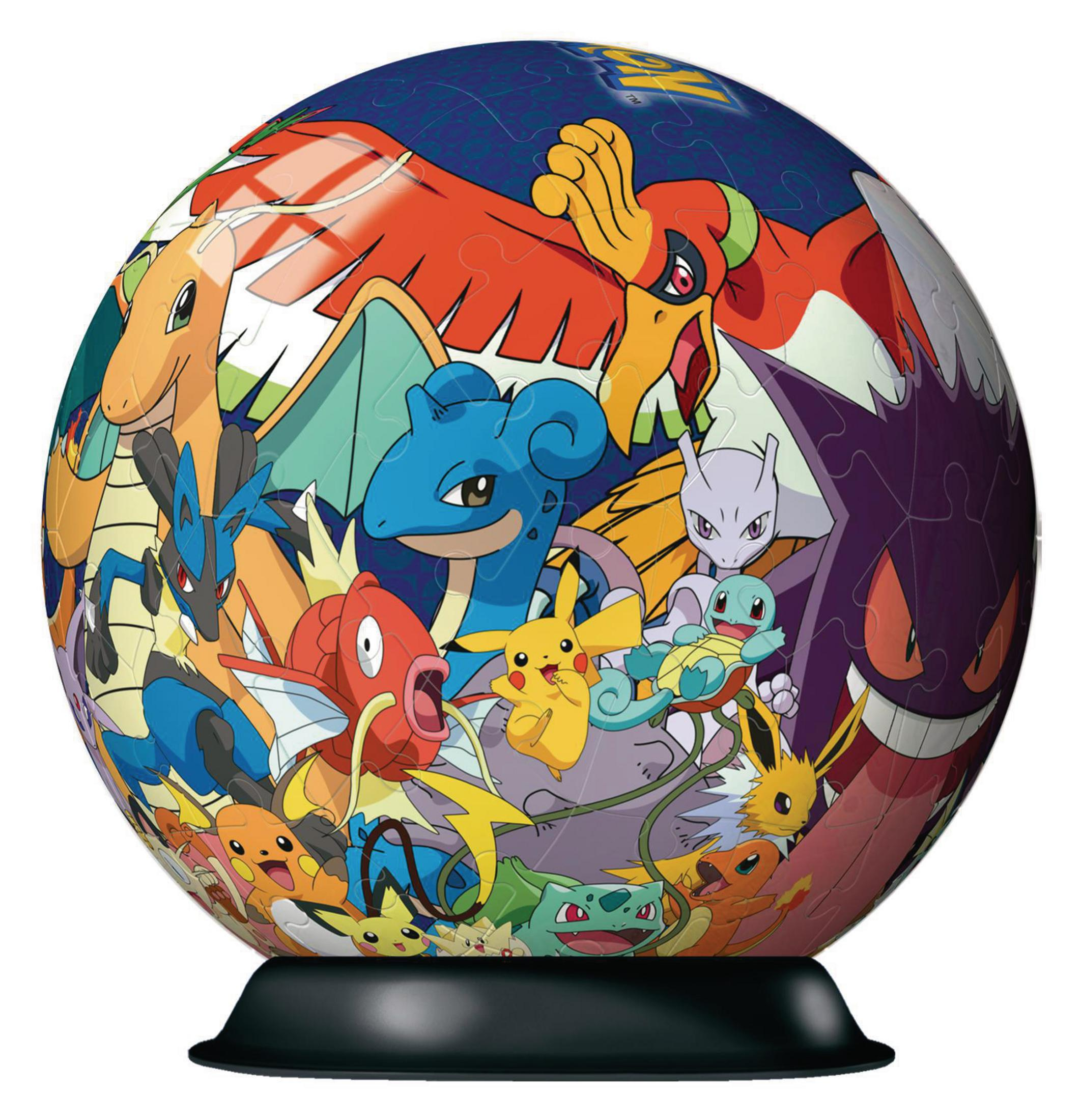 Pokémon puzzelglobe met personages als Pikachu, Charizard en Mewtwo.