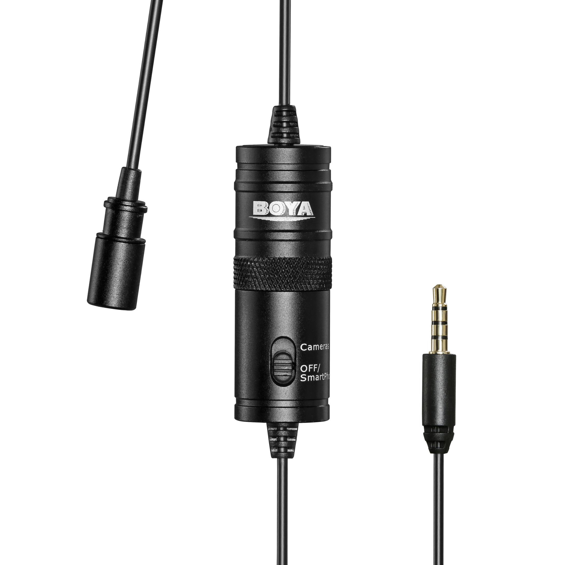 Ein schwarzes Mikrofon mit Kabel und Anschluss auf weißem Hintergrund.