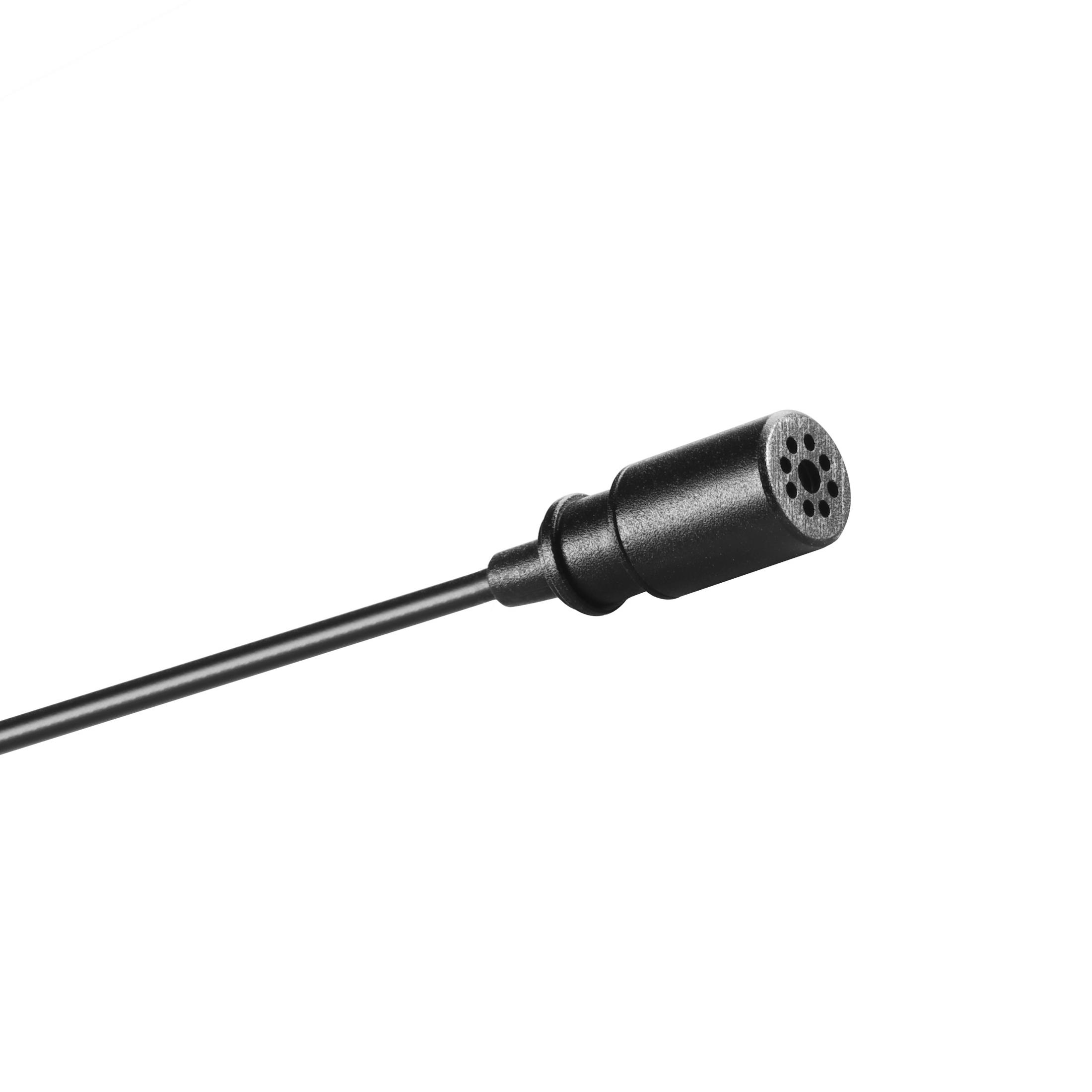 Ein schwarzes Mikrofon an einem Kabel vor schlichtem weißen Hintergrund.