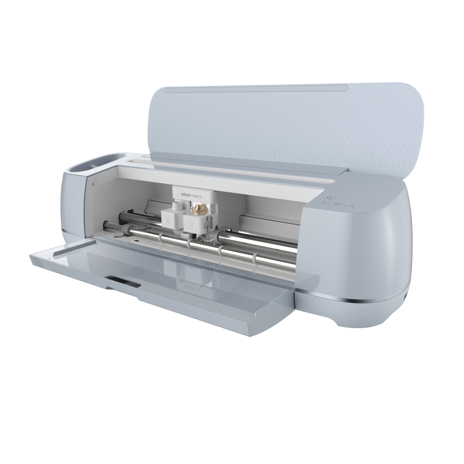 Hellblaue Cricut Maker Maschine, offen, zum Schneiden bereit. Weißer Innenraum mit Werkzeugen.