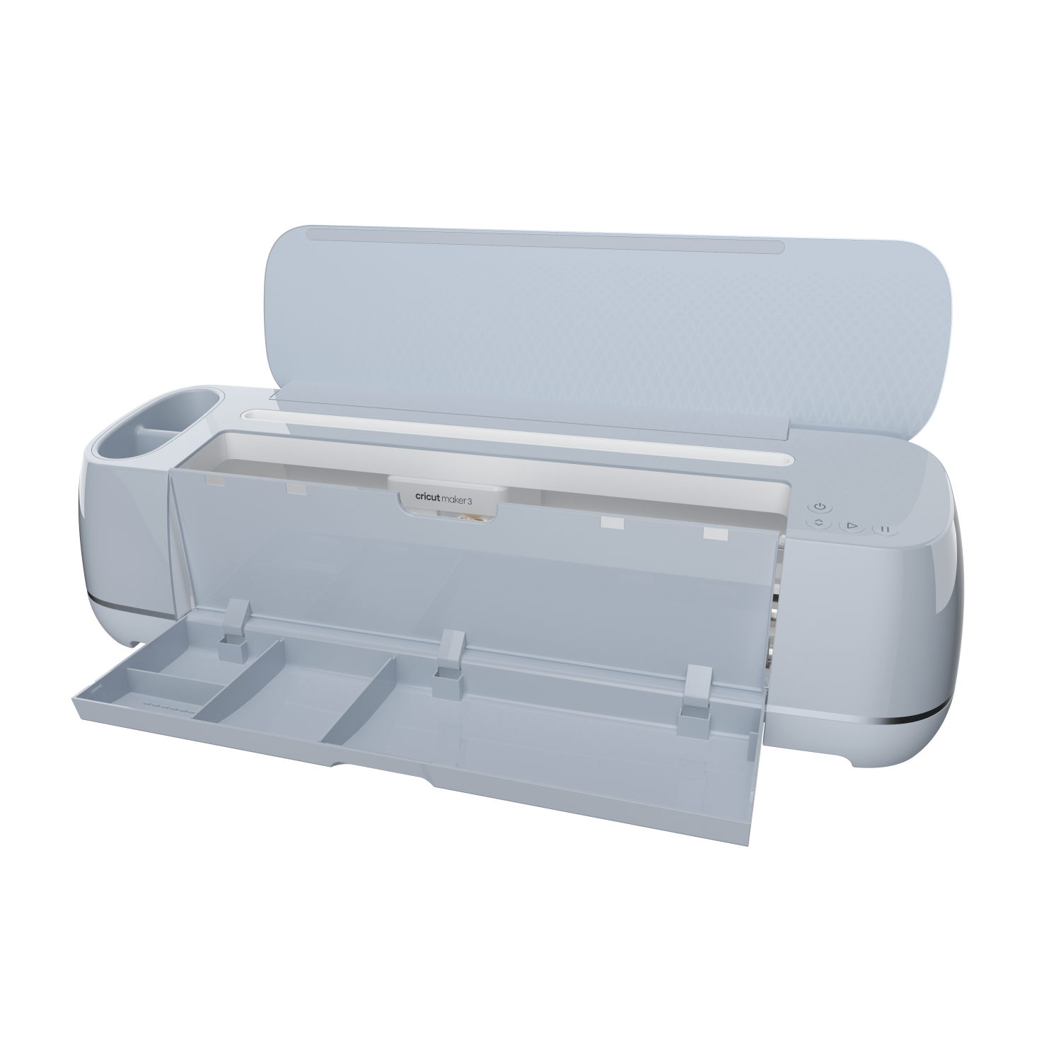 Hellblaues Cricut Maker 3 mit geöffneten Türen. Im Inneren befinden sich Ablagen.