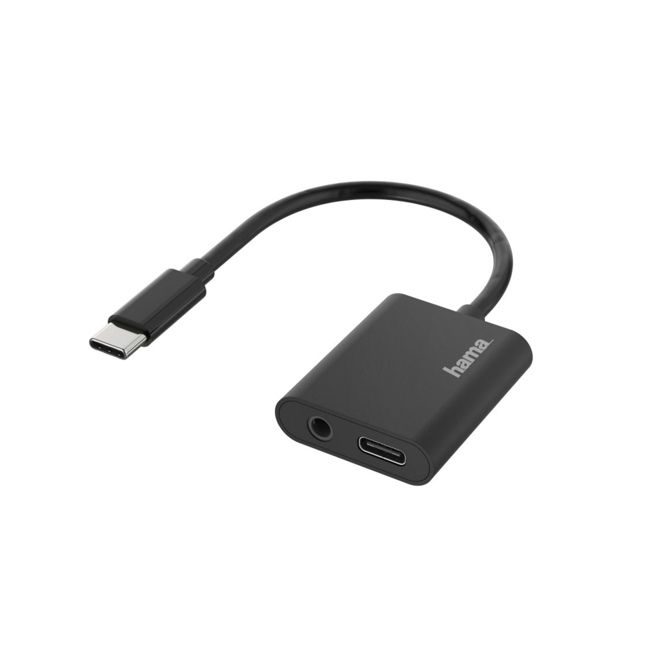 Zwarte USB-C naar 3,5mm en USB-C adapter met zwarte kabel, witte achtergrond.