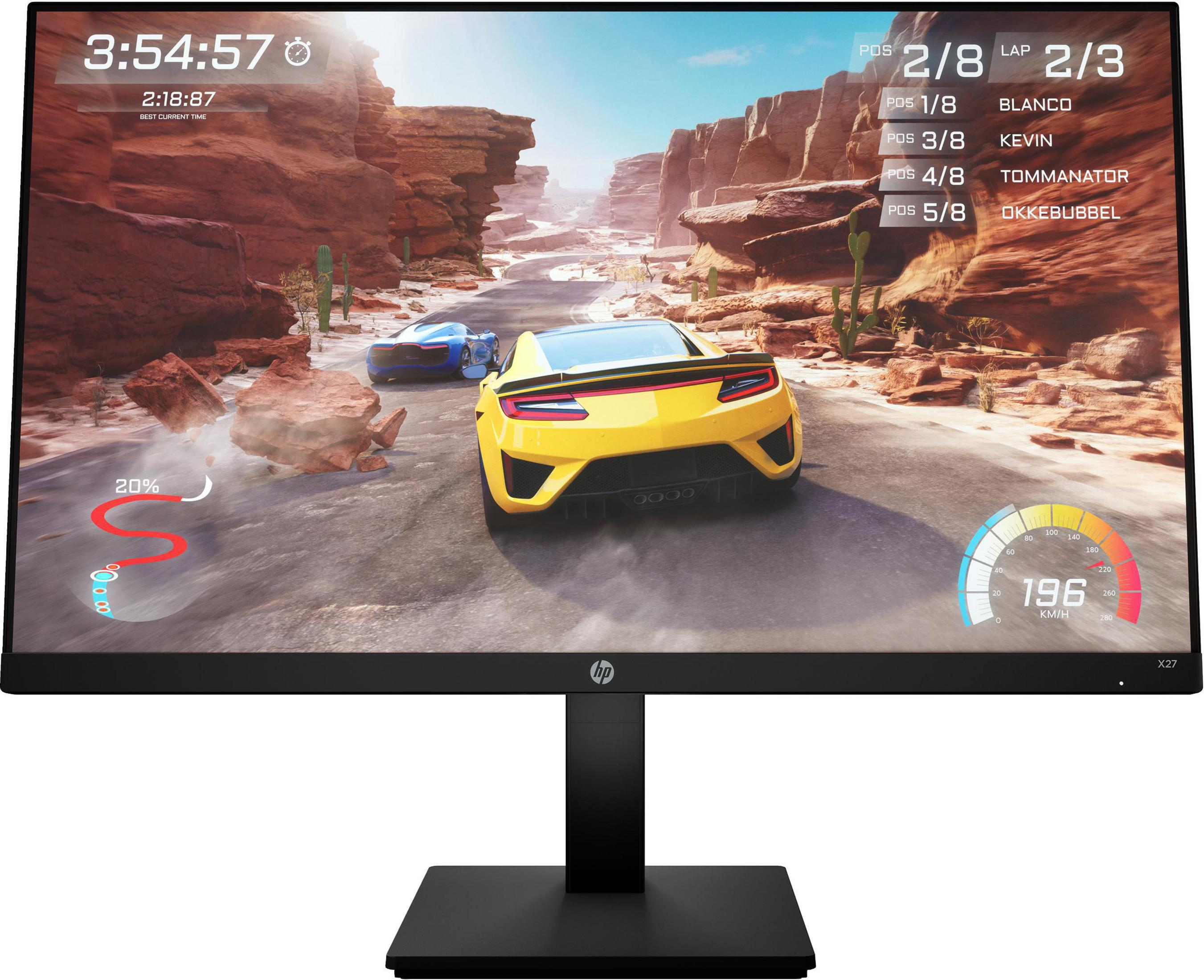 Monitor del computer che mostra un gioco di corse automobilistiche con due auto. Il monitor ha un bordo nero.