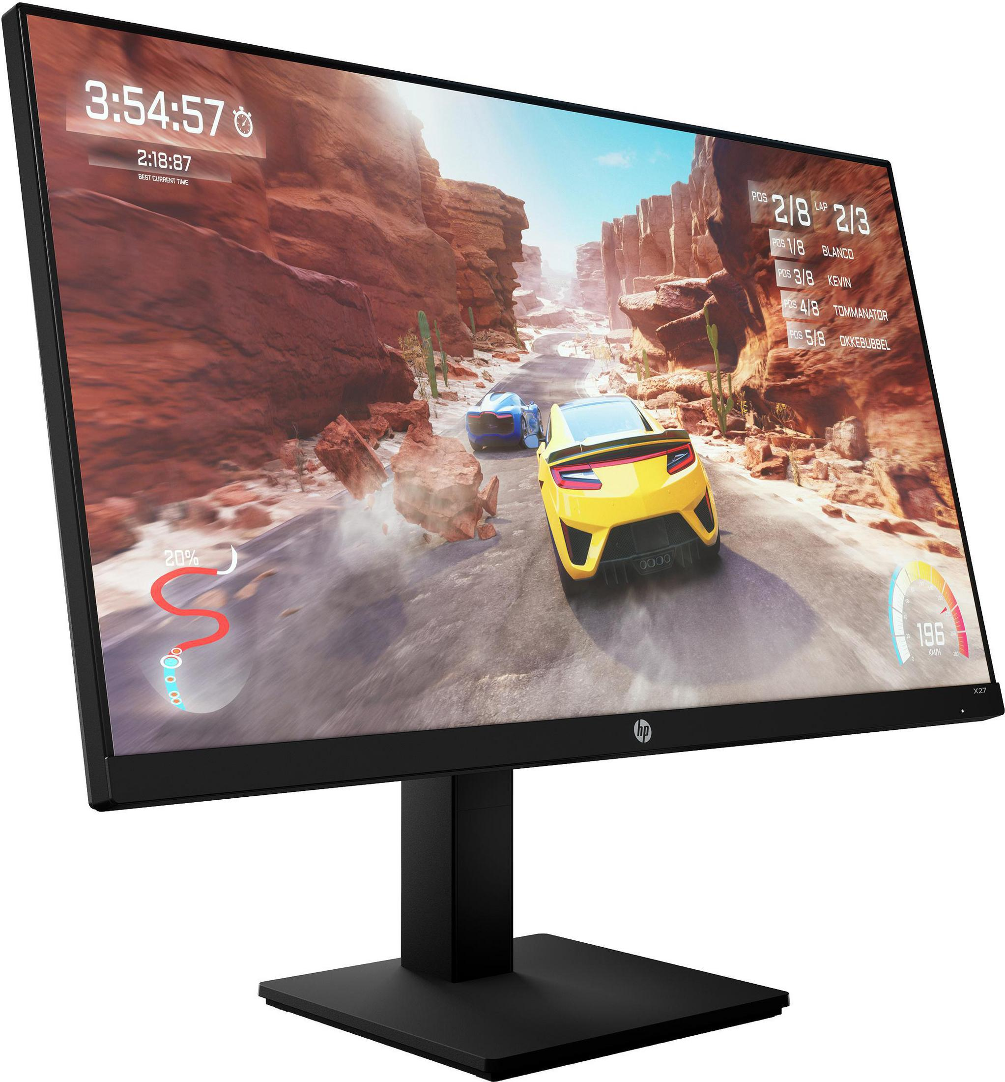 Un monitor di computer che mostra un gioco di corse con auto su una strada desertica.