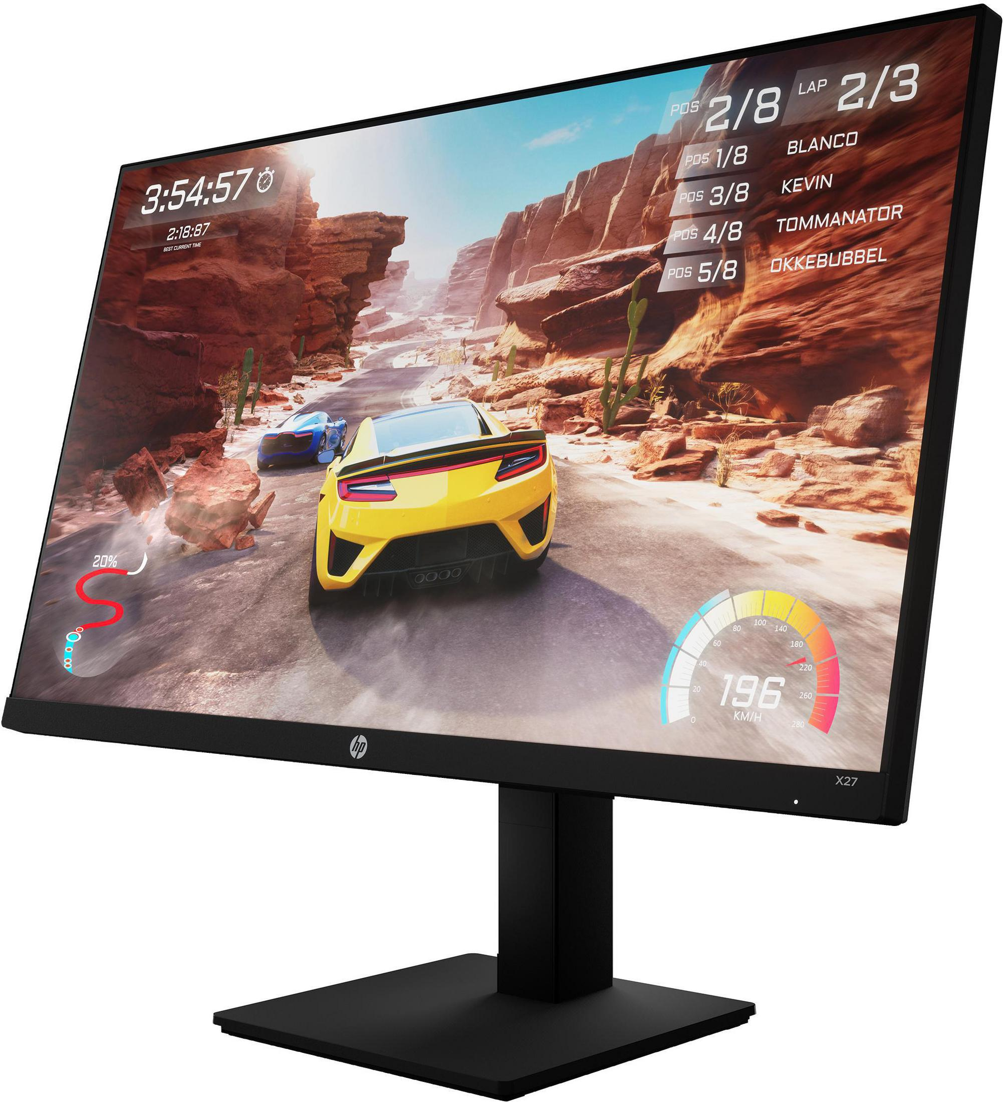 Un monitor HP mostra un gioco di corse. Sono visibili un'auto gialla e una blu.