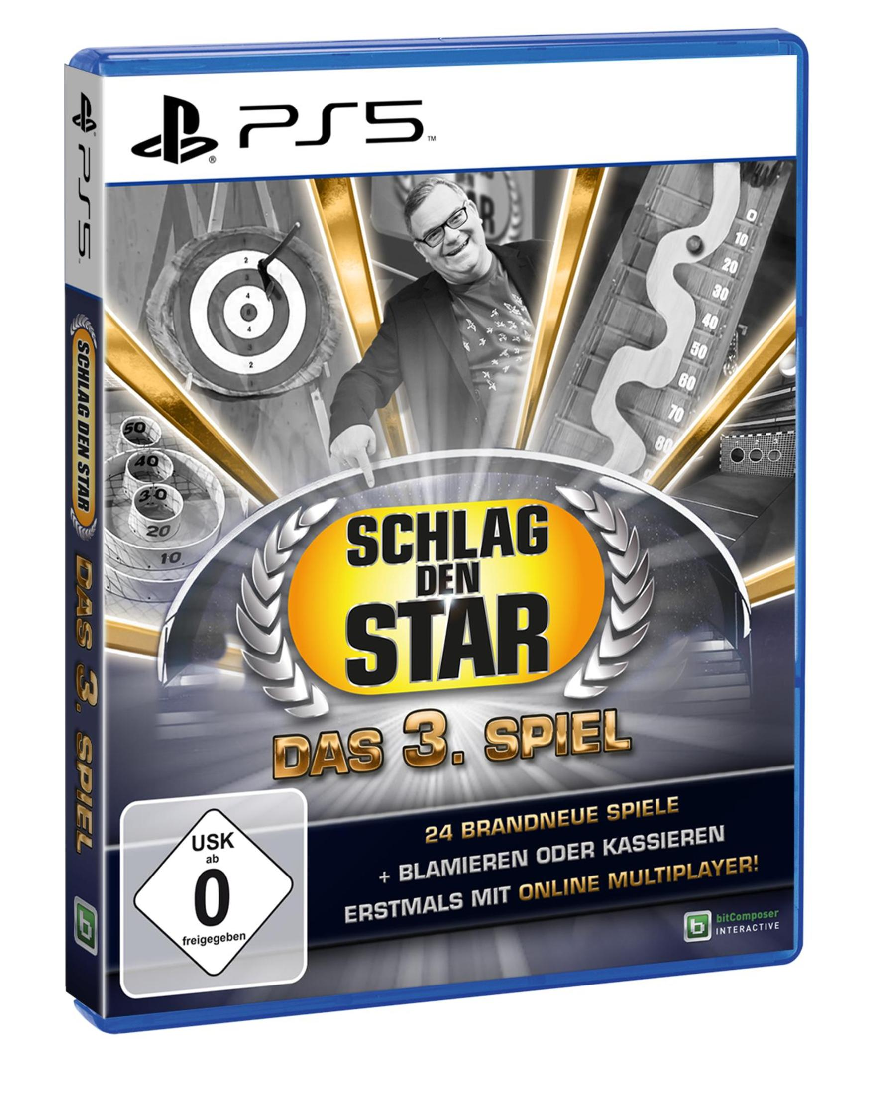 Spielbox 'Schlag den Star' für PS5, mit Mann und Spielelementen.
