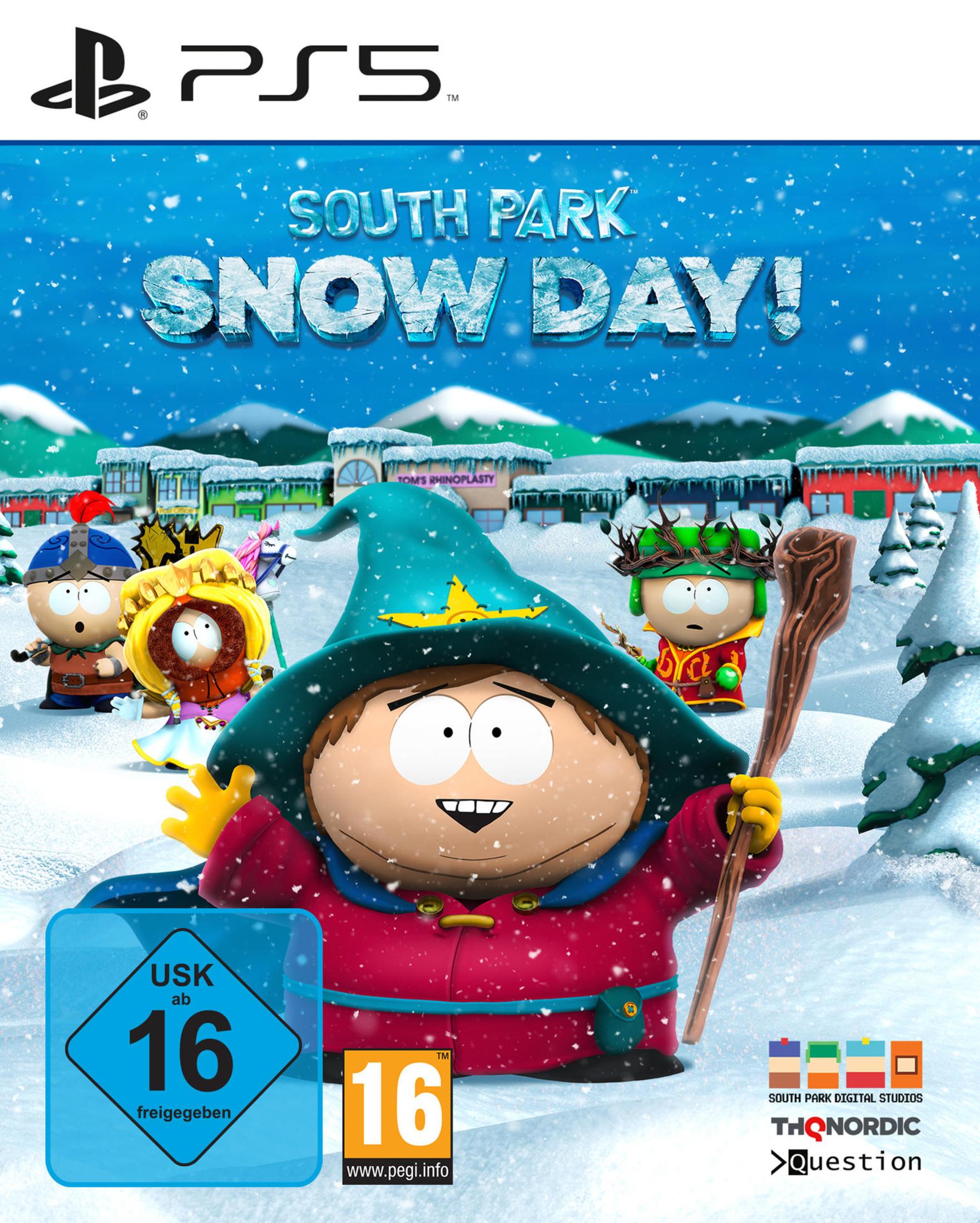 South Park: Snow Day! PS5-Spielcover. Zeigt Charaktere in verschneiter Umgebung, Altersfreigabe 16+.